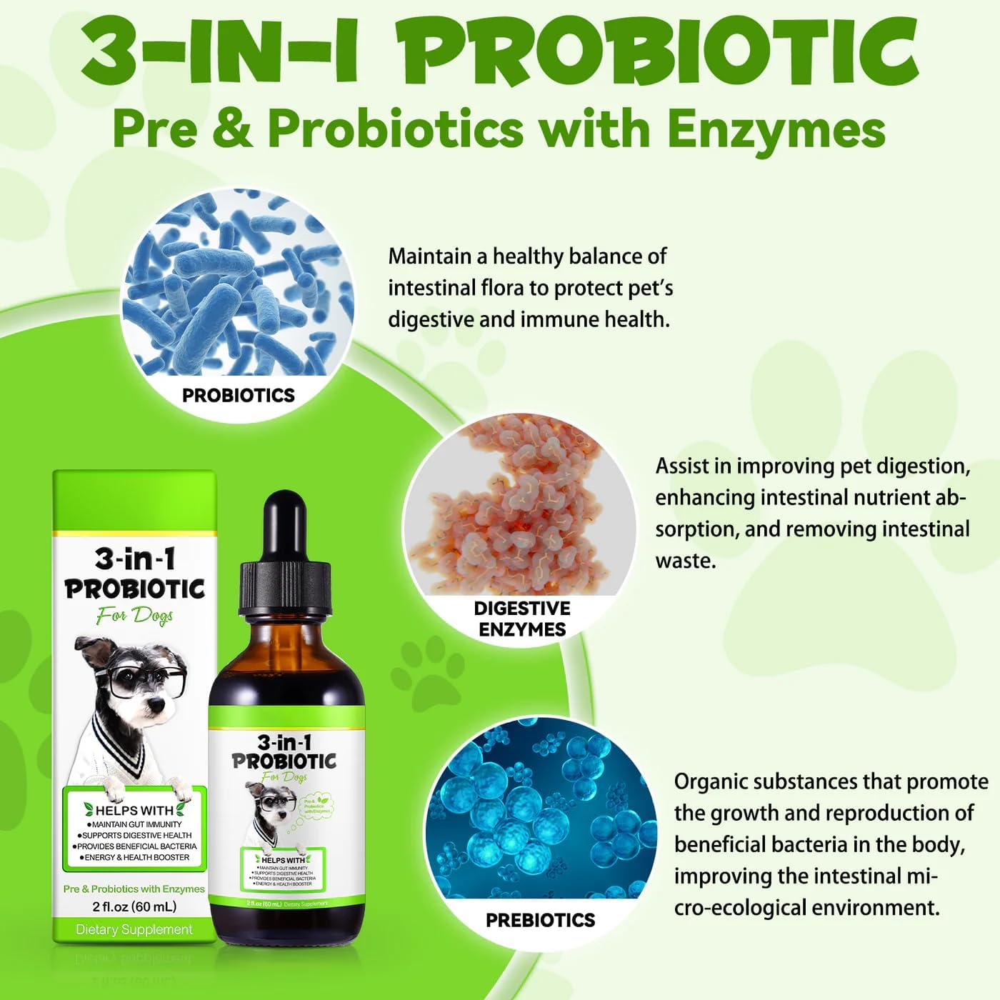 Probiotics for Dogs 60Ml | 3-In-1 Liquid Digestive Enzymes & Probiotic Supplement | Supports Gut Health, Digestion & Immunity | All Breeds & Ages | Bacon Flavour image number 1