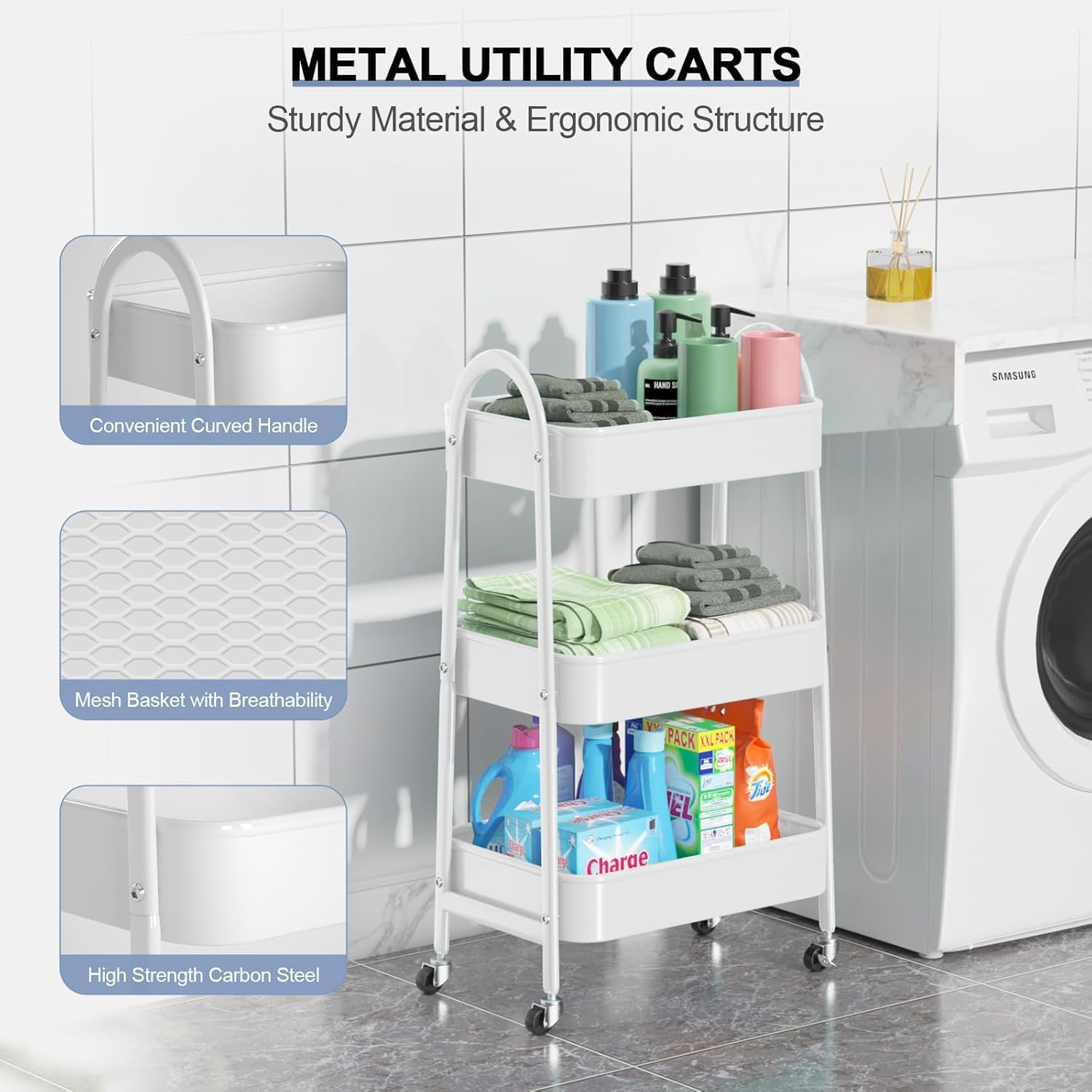 3-Tier Metal Rolling Cart with Lockable Caster Wheels - Lightweight Sturdy Utility Storage Organizer for Kitchen, Office, Bathroom, Narrow Places image number 2