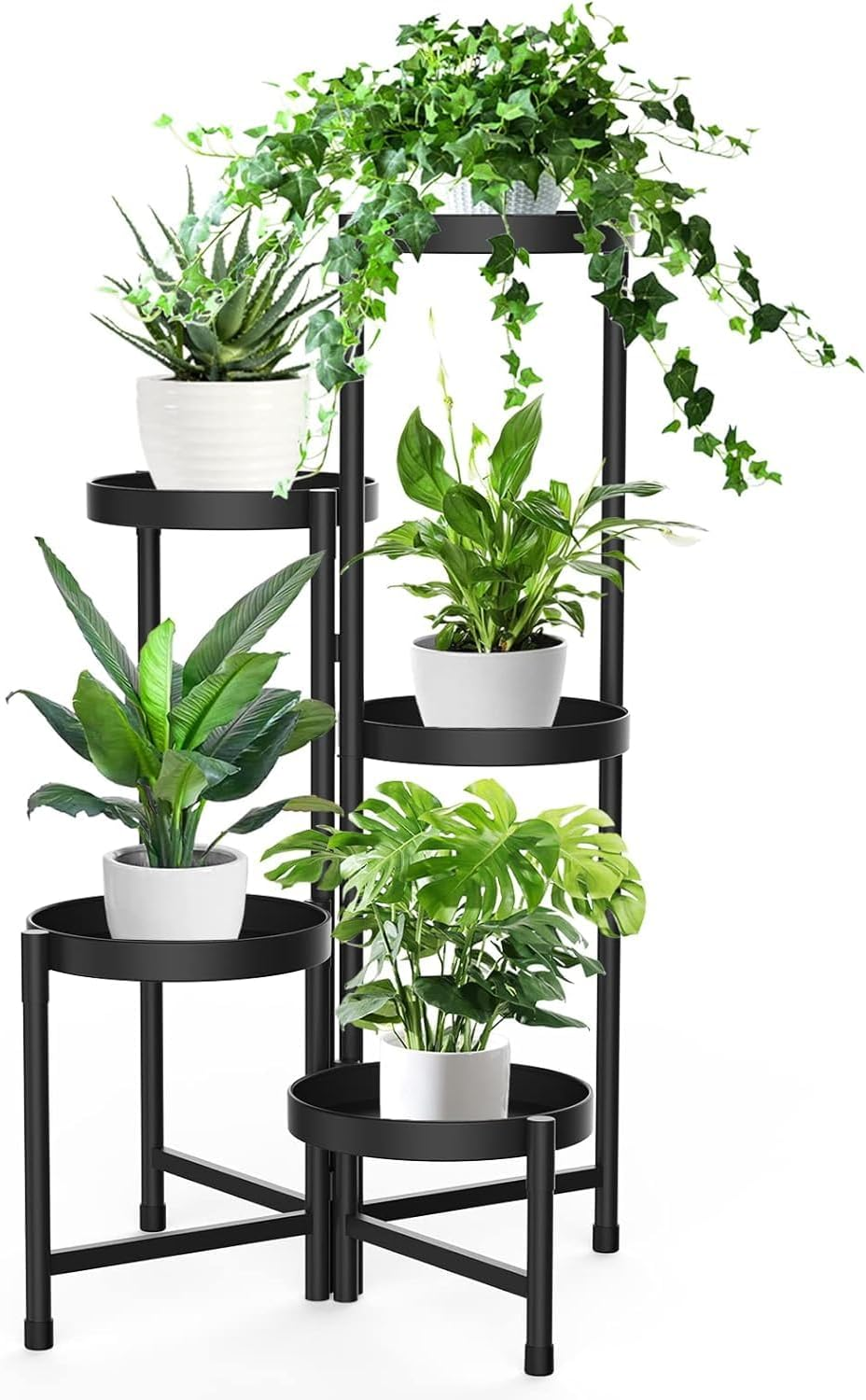 5 Tier Metal Plant Stand for Indoor Outdoor, Foldable Corner Tall Plant Shelf, Rustproof Flower Pot Holder Display Stand for Living Room Balcony Garden Patio (Black) image number 3