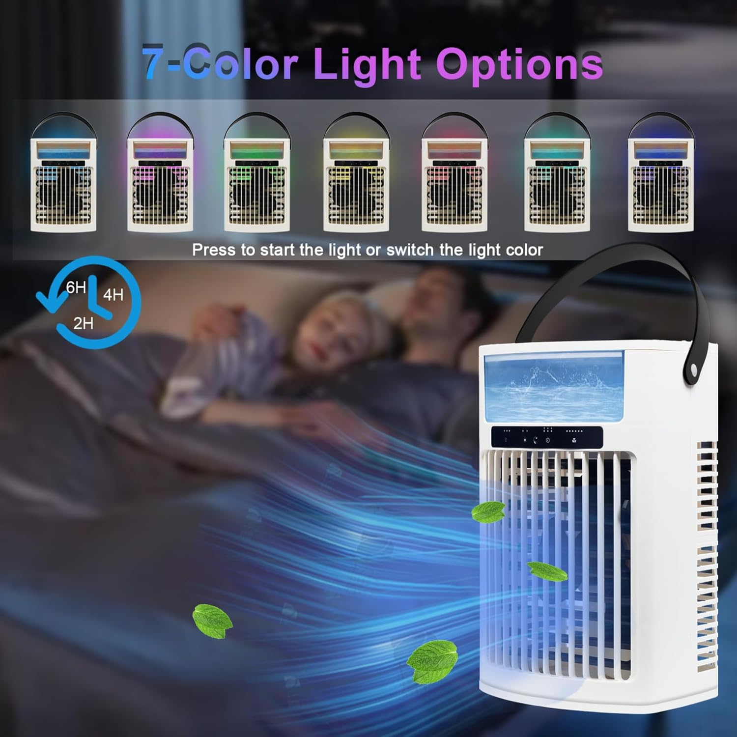 Portable Air Conditioner, 4 in 1 Air Cooler 1000ML Water Tank, Personal Fan 5 Speeds & 3 Spray Modes Timing Evaporative Air Cooler, 7 Color Night Light, Desk Cooling Fan for Bedroom Office Living Room - White image number 3