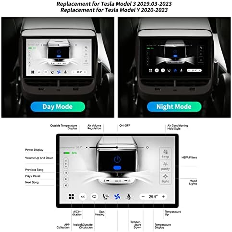 Rear Seat Display Screen, 7'' 1024X600 Touch Screen Android 12 Wifi Rear Passenger Display 32GB ROM Climate Media Control with Seat Heating and Adjustment for Tesla Y image number 4