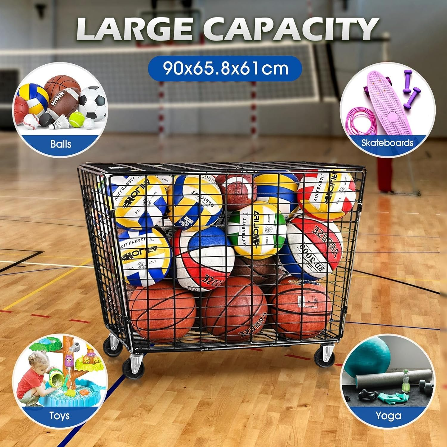 Genki Large Sports Ball Storage Cart Lockable Bin Cage Sports Equipment Organiser for Basketball Football Toys Holder Rack Garage Gym image number 5