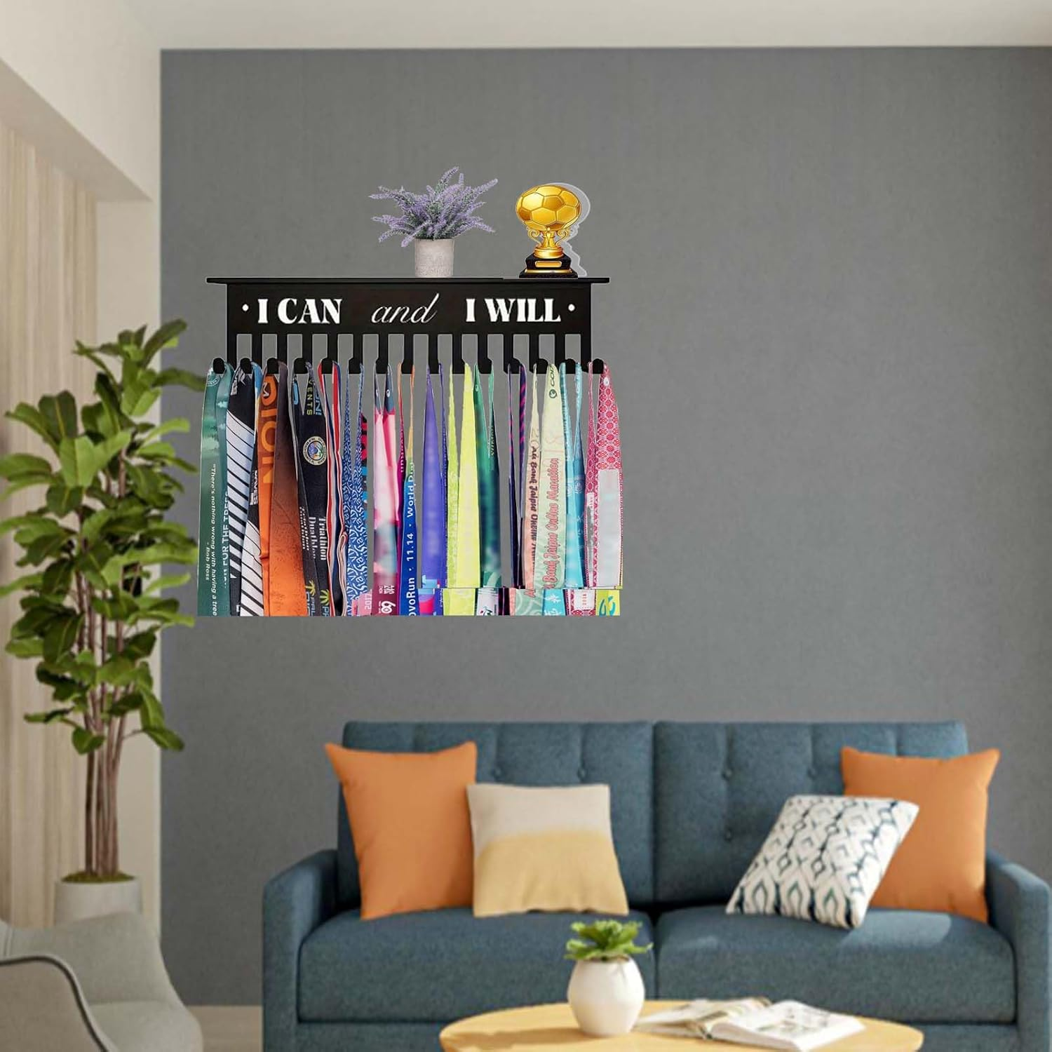 Medal Hanger Display,Metal Medal Holder with 15 Hook,Wall Mount Hanger Holder,Trophy Shelf for Karate Belt,Running,Marathon,Soccer,Taekwondo image number 5