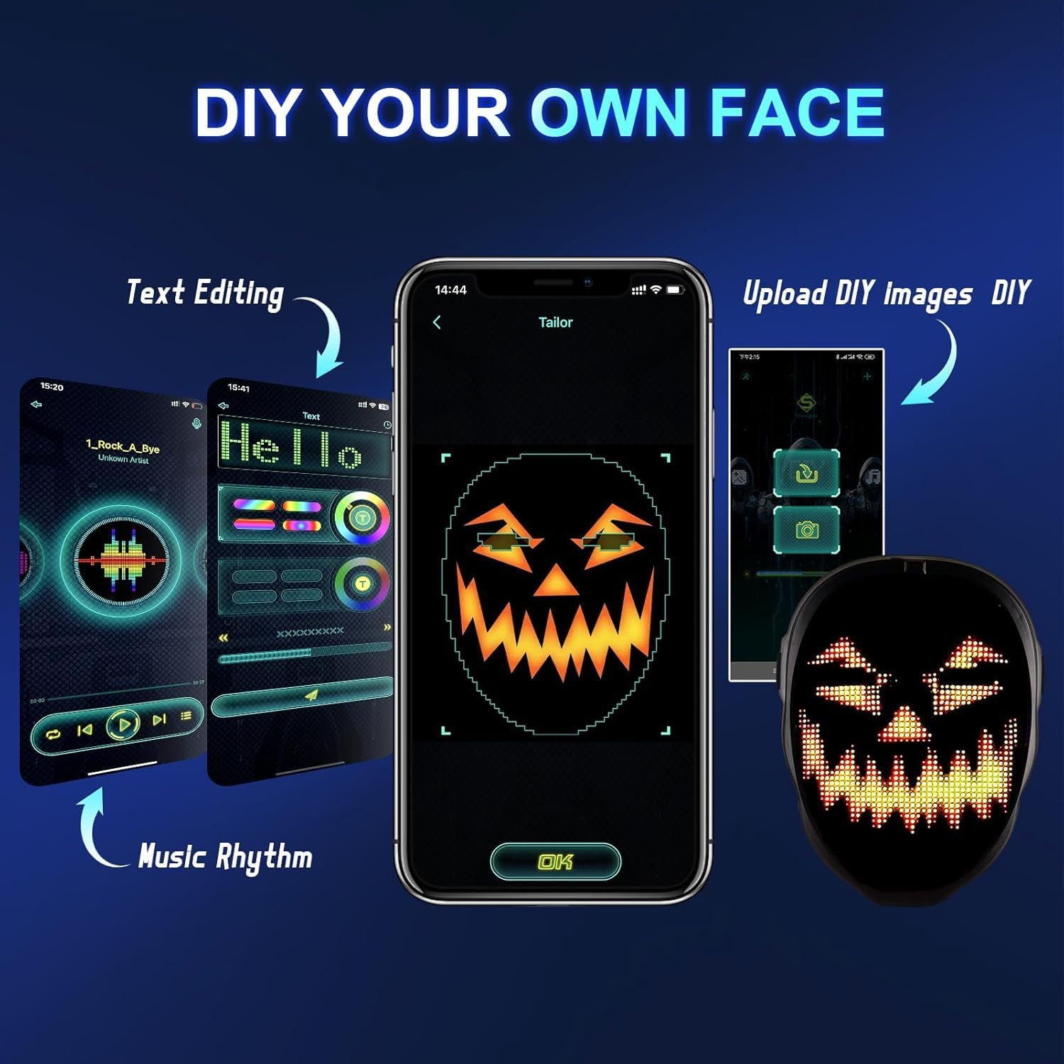 Led Mask with Bluetooth Programmable App,Shining Digital Luminous Mask for Adult Kid Halloween Masquerade Party image number 6