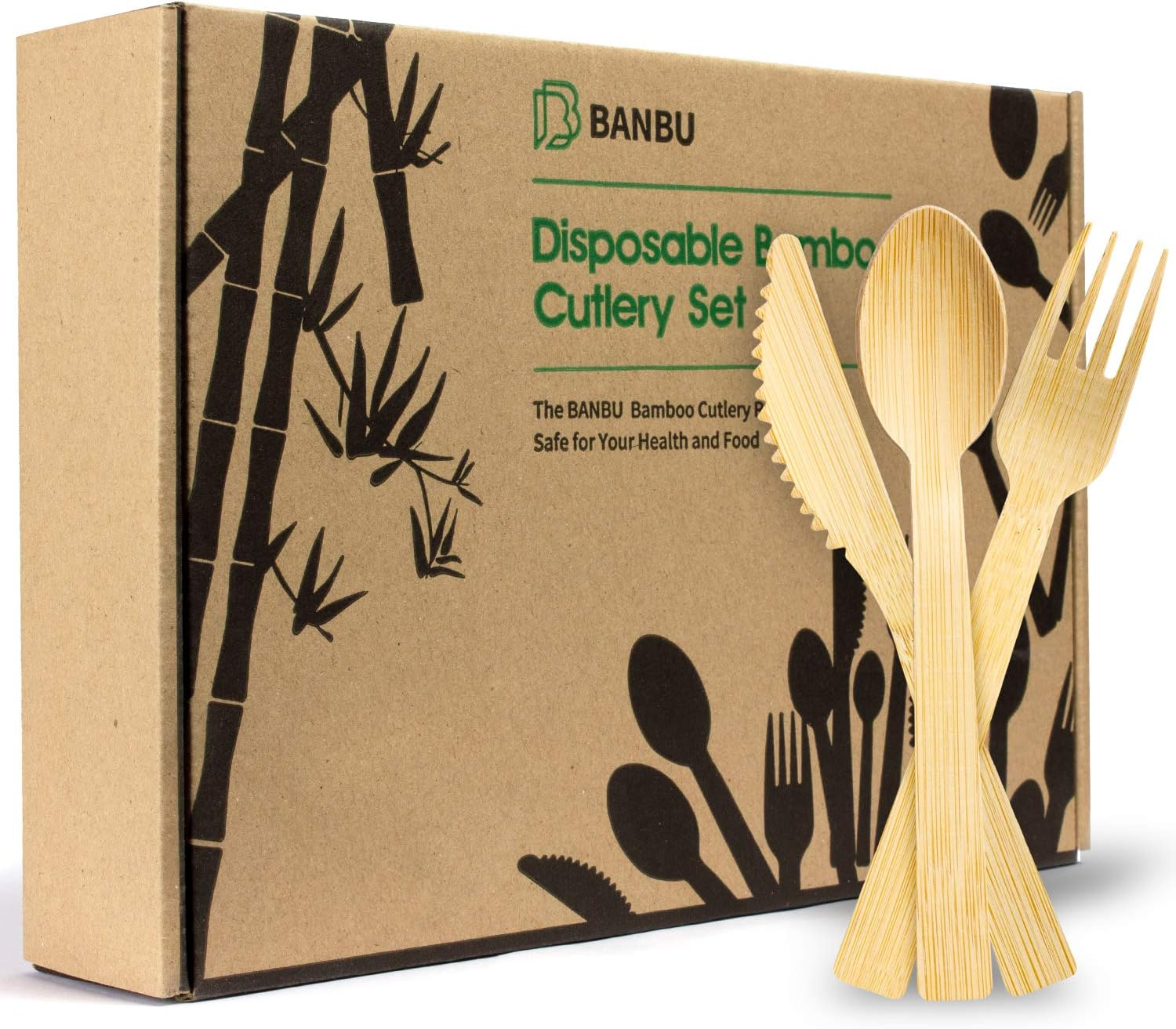 Bamboo Disposable Utensils (200PK: 80 Forks 80 Spoons 40 Knives) Compostable Eco Friendly Natural Biodegradable Bamboo Utensil/Cutlery Set Disposable Forks Knives and Spoons Set image number 1
