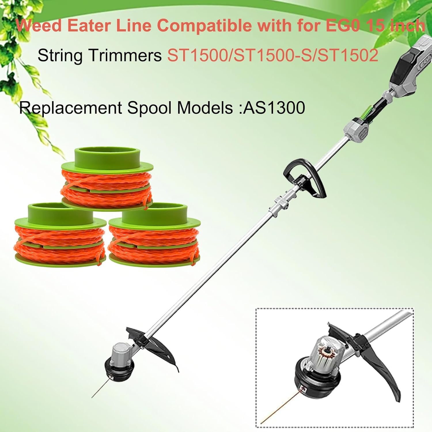 AS1300 Replacement Trimmer Spool Line Fits for EGO 15-Inch ST1500SF ST1623T ST1502LB ST1502SA ST1521S ST1511T ST1523S ST1500-S ST1520S String Trimmer, 3 Pack AS1300 Trimmer Spool Line 0.095'' 15FT
