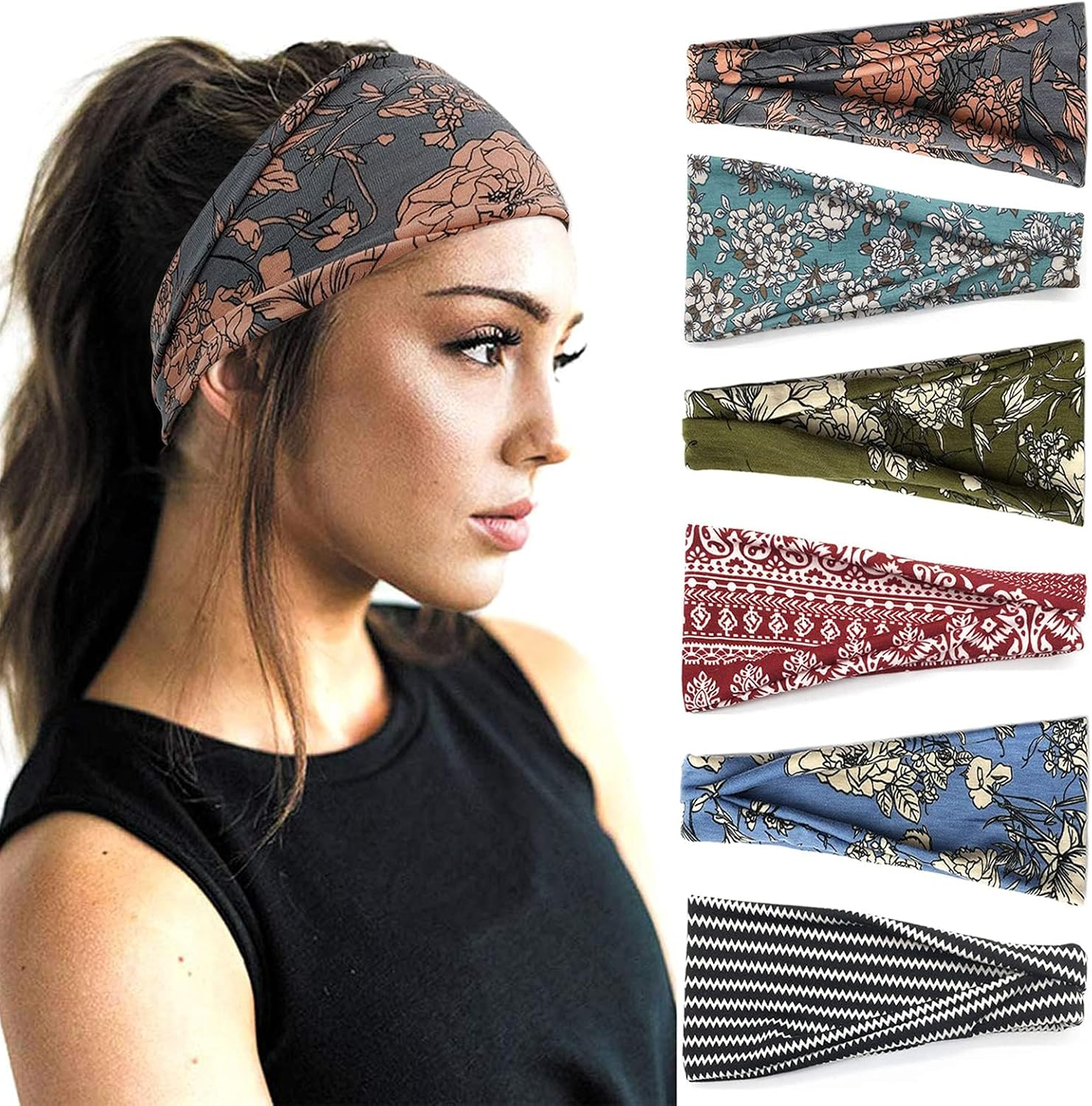 Boho Headbands for Women Fashion Wide Headband Yoga Workout Head Bands Hair Accessories Band 6 Pack image number 2