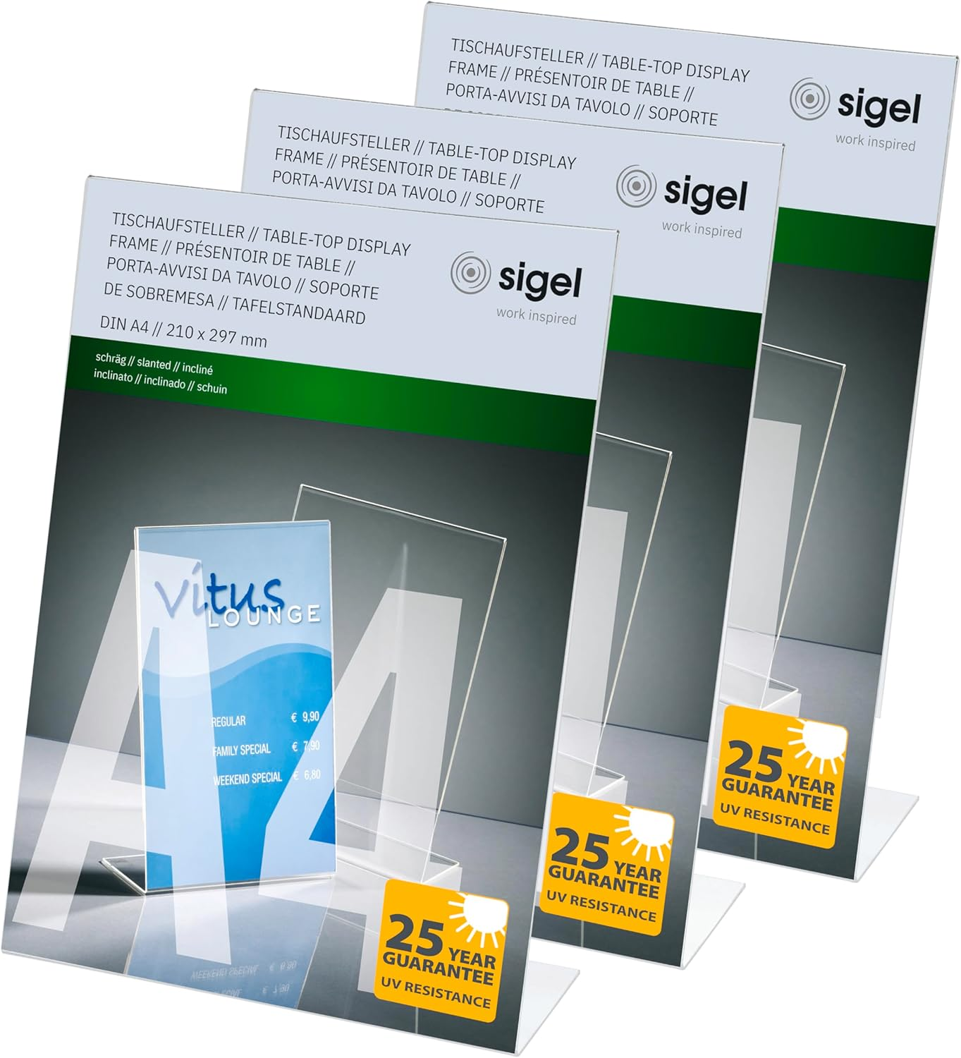 SIGEL TA210 Sign Holder, Slanted, for A4, Single-Sided Presentation, Uv Resistant Acrylic, Transparent, 3 Pcs. image number 1