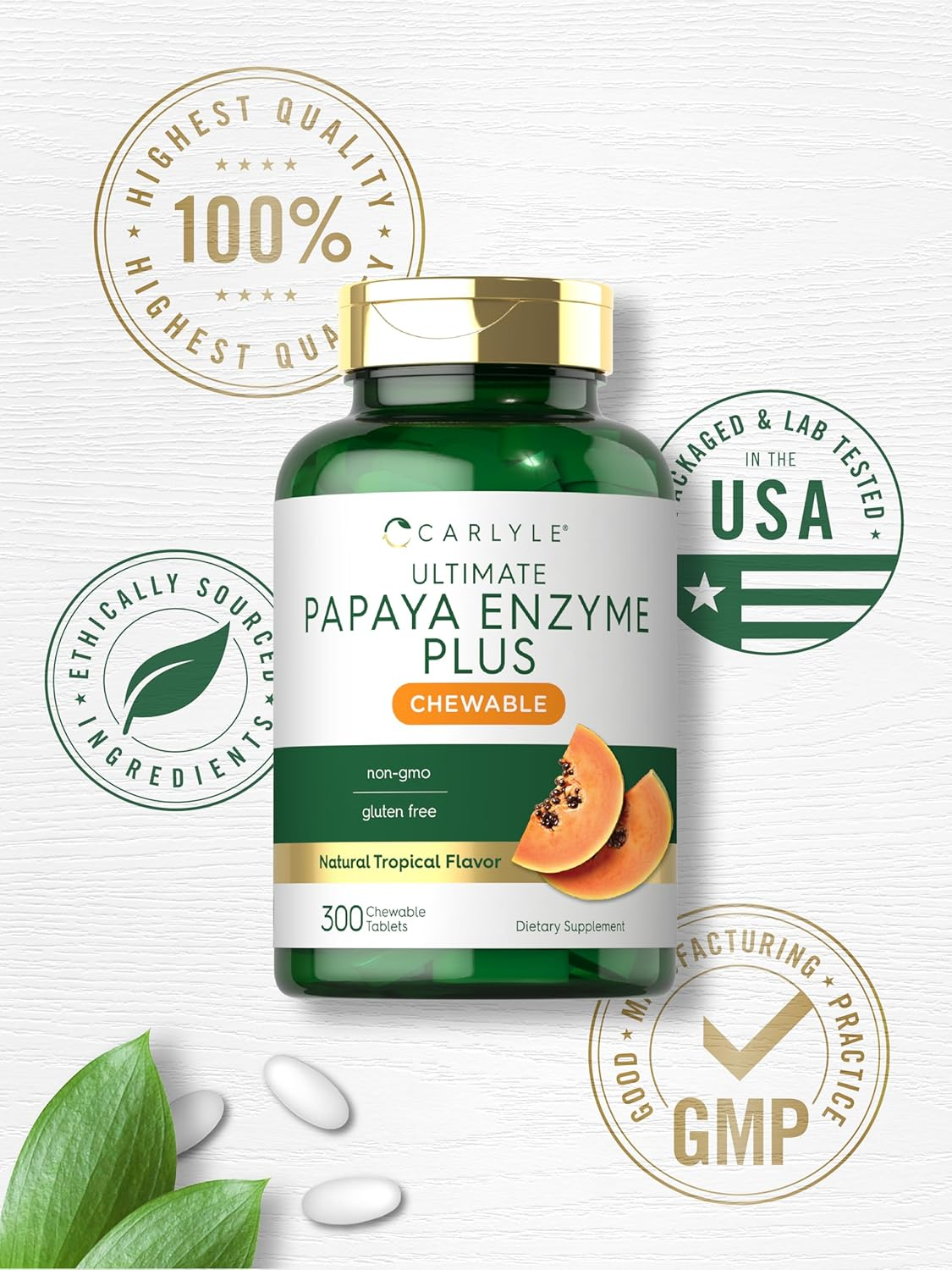 Papaya Enzyme Chewable Tablets | 600 Count | Vegetarian, Non-Gmo, Gluten Free Formula | Papaya Flavor | by Carlyle