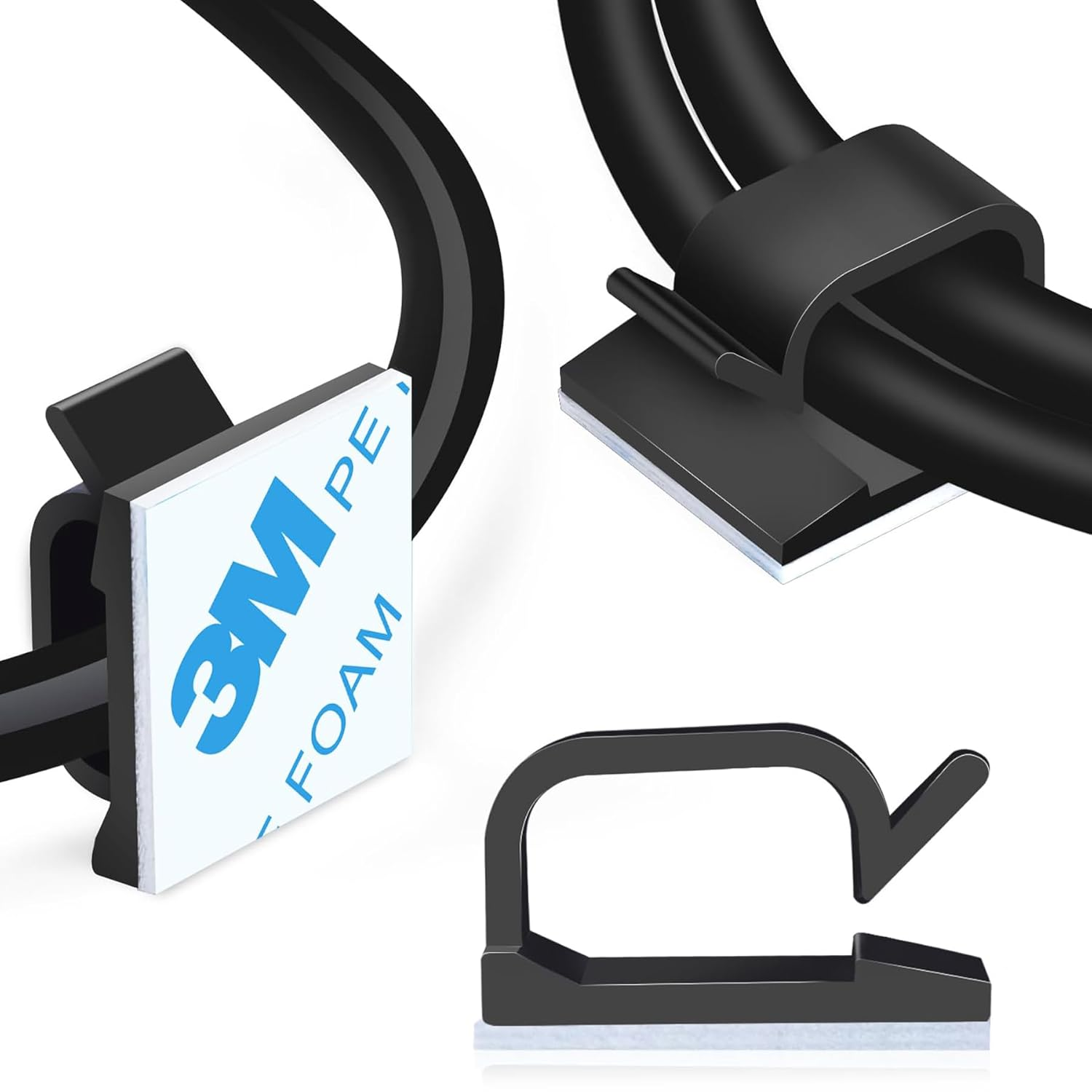 100PCS Adhesive Cable Clips, Wire Organizer Cord Management, Cable Staples Outdoor Strong Cord Clips for Wall, Desk, Christmas Lights, String Lights, TV PC Ethernet Cable, Black Small