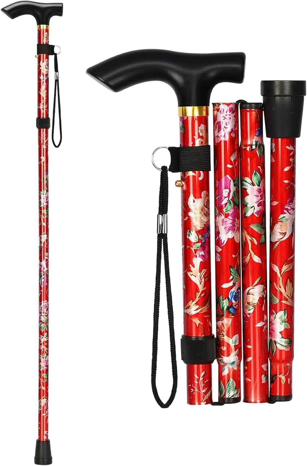 Folding Cane, Portable Cane, Hiking Camping Mountaineering Adjustable Walking Stick, Suitable for Outdoor Mountaineering Enthusiasts and Elderly People with Limited Mobility (Red)