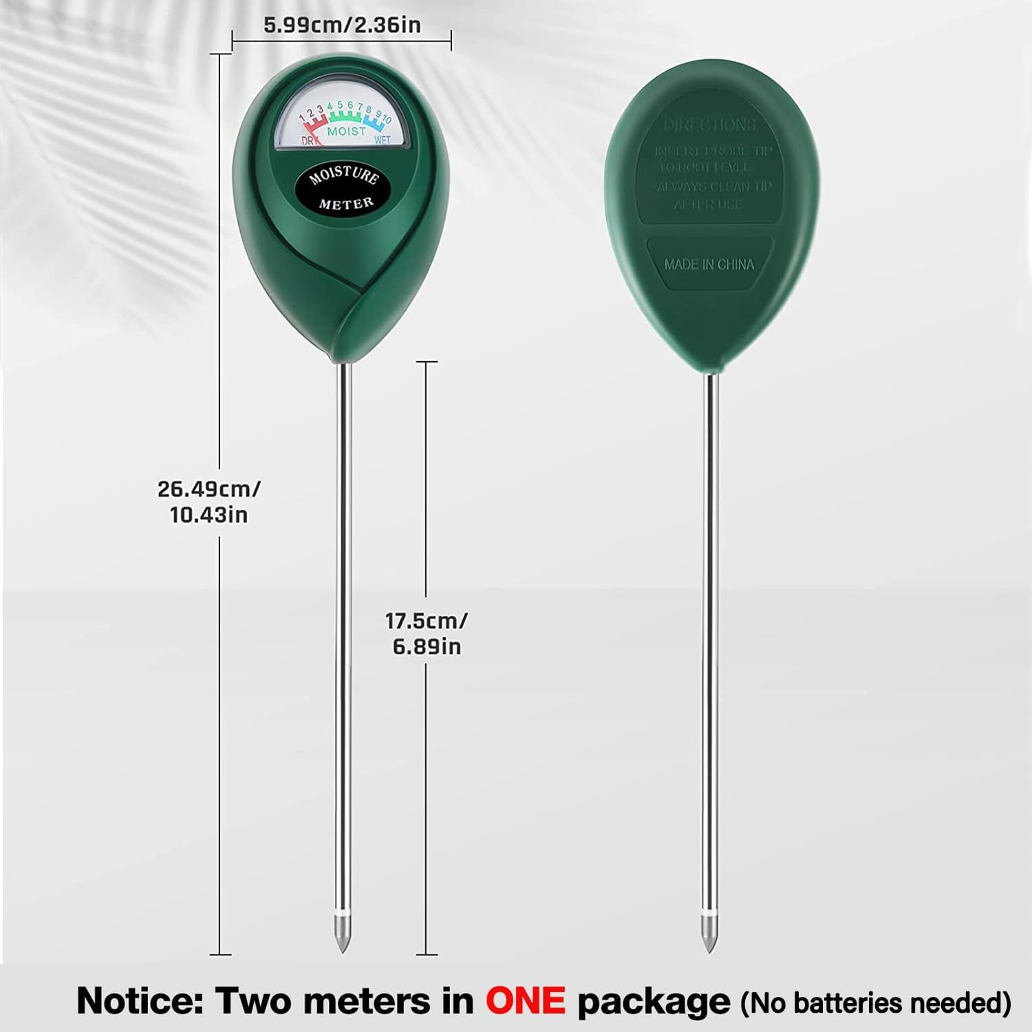 2 Pack Soil Moisture Meter, No Battery Needed Plant Water Monitor with 17.5Cm Long Probe for House Plants, Garden, Lawn, Indoor & Outdoor Use, Simple and Accurate Soil Tester for Gardening image number 6