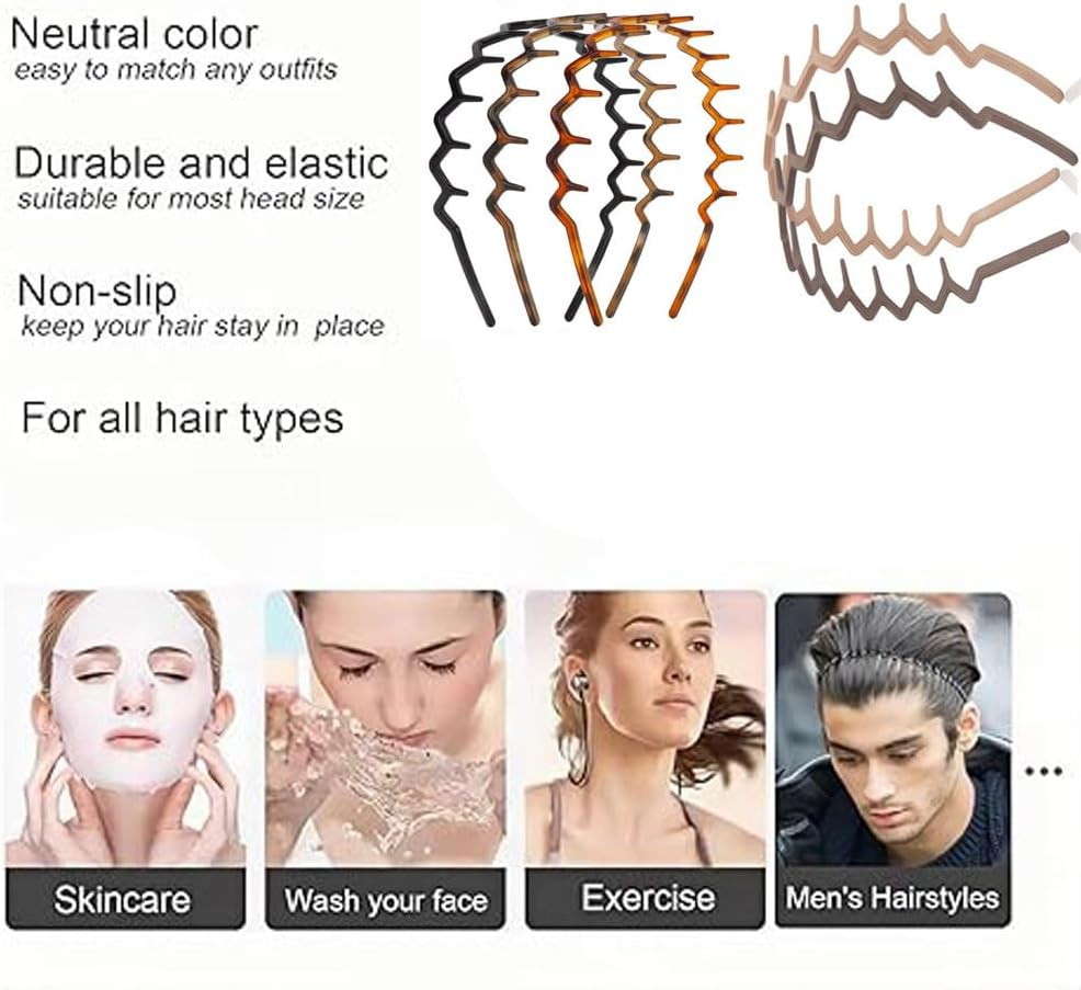 Leanockesa Set of 10 Plastic Zig Zag Headbands for Women and Men Wavy Toothed Hair Band, 90S Retro Tooth Comb Hairband Hoop Accessories, Unisex Fashion Hair Hoops image number 2