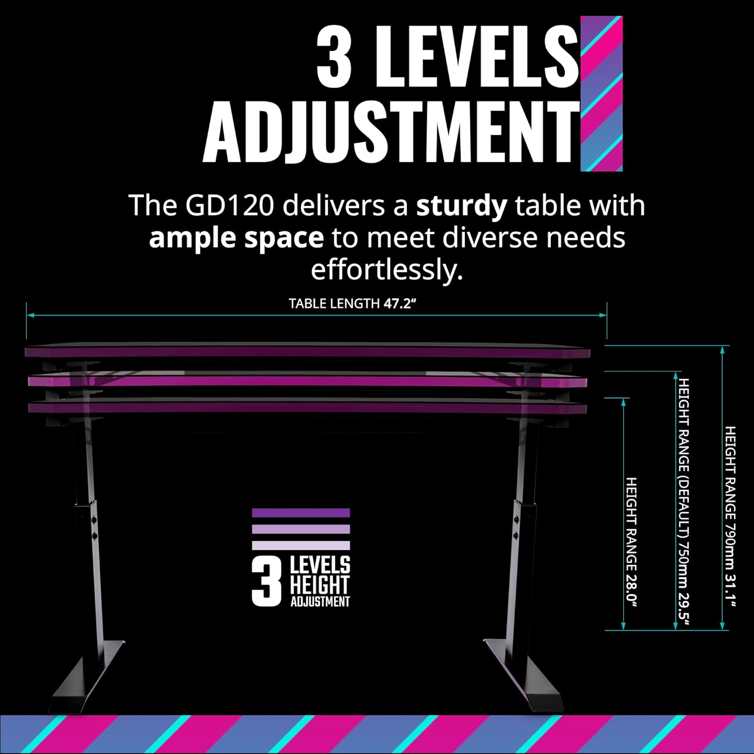 Cooler Master GD120 V1 PC Gaming Desk, Full Surface Water-Repellent Mousepad, 220Lbs Weight Support, 3 Height Levels, Cable Management Tray, 47.2D X 23.6W Workstation|Home Office image number 3