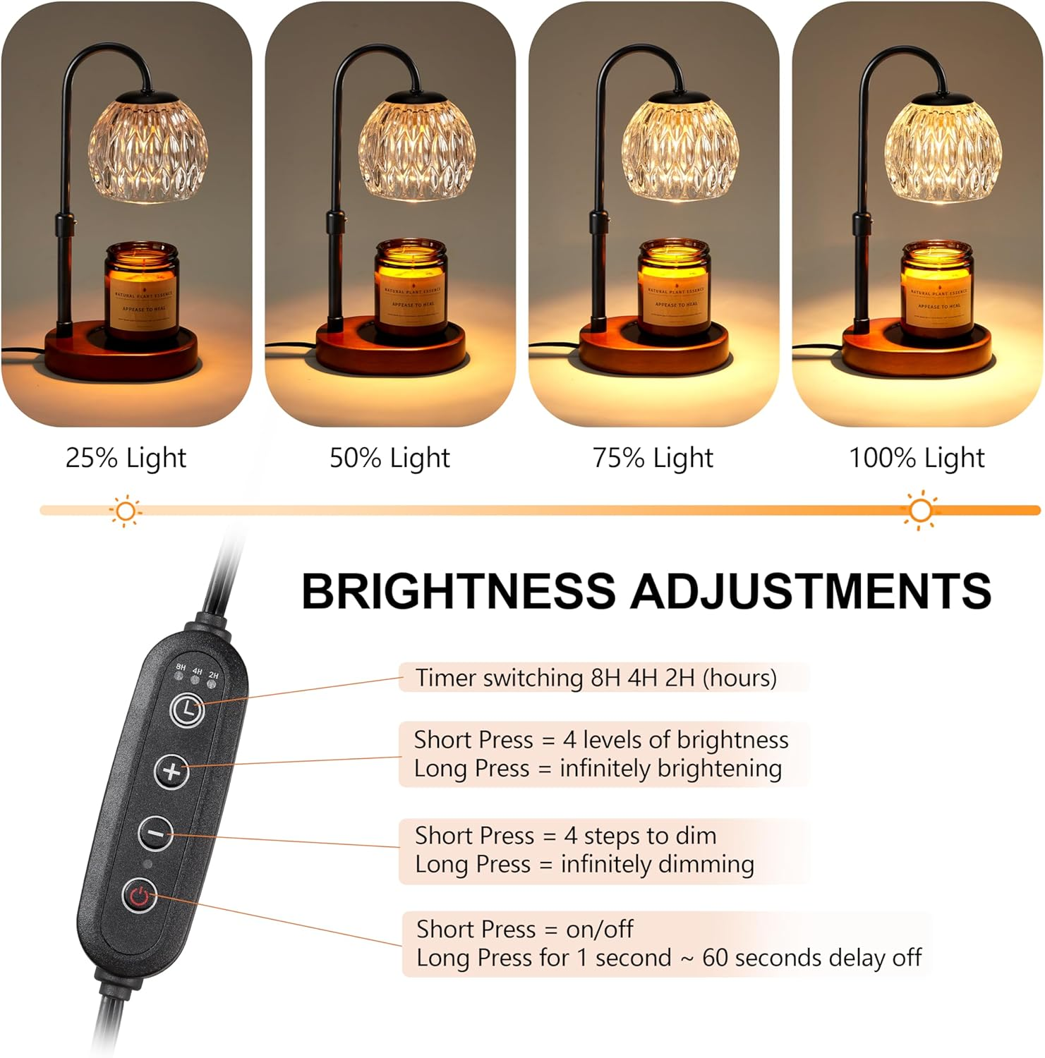 Dreamholder Candle Warmer Lamp, Glass Electric Wax Melter Lamp with Timer & Dimmer, Vintage Wax Warmer Adjustable Height for Various Sizes Scented Candles for Home Decor Gifts, 2X50W Bulbs, Black