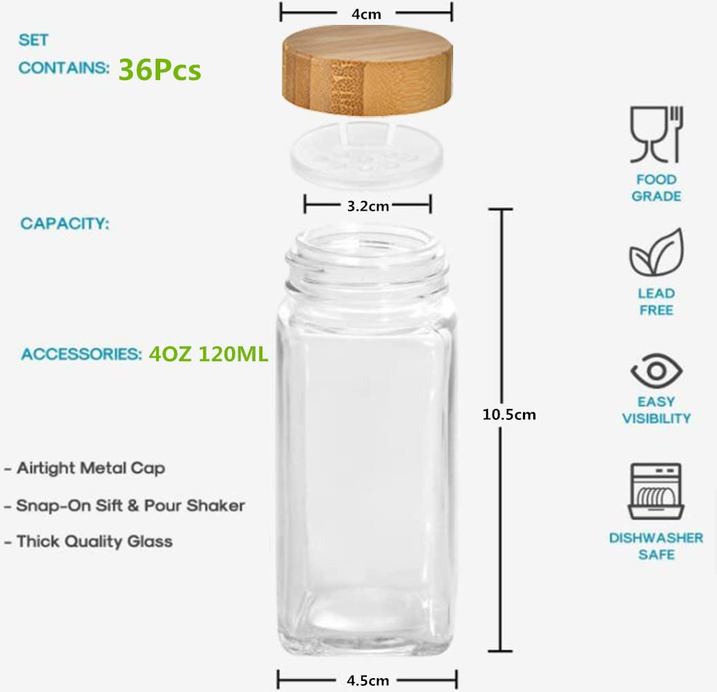 36Pcs Glass Spice Jars Bottles with Bamboo Lid, Square Seasoning Containers Spices Organizer Small Items Storage Organization for Spice Rack, Cabinet, Drawer, with Shaker Lids, 120Ml image number 6