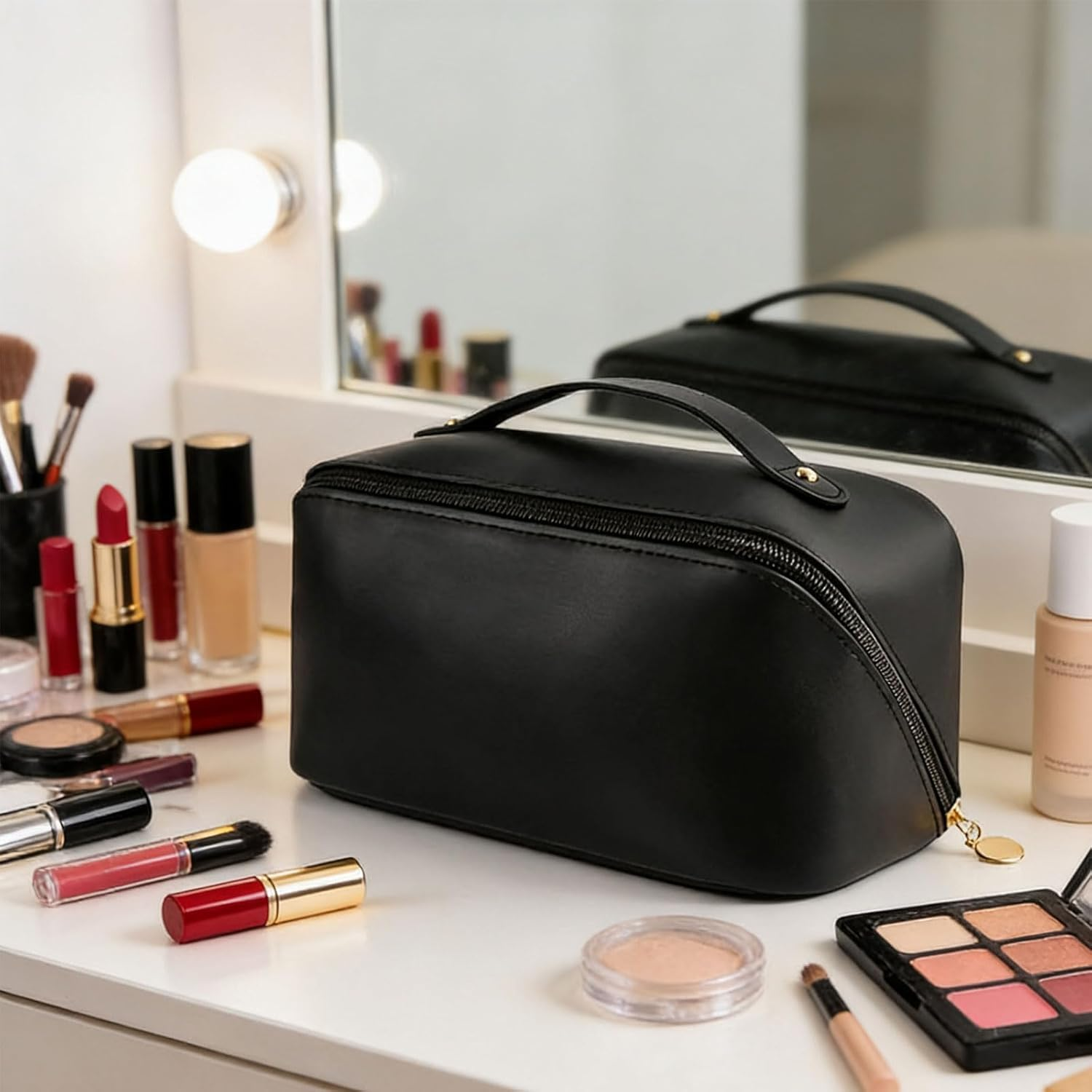 Yxvyxymyxxg​ Large Cosmetic Bag Travel Organizer - Waterproof PU Makeup Case with Multiple Compartments & Handle, Zipper Toiletry Bag for Women, Girls image number 5