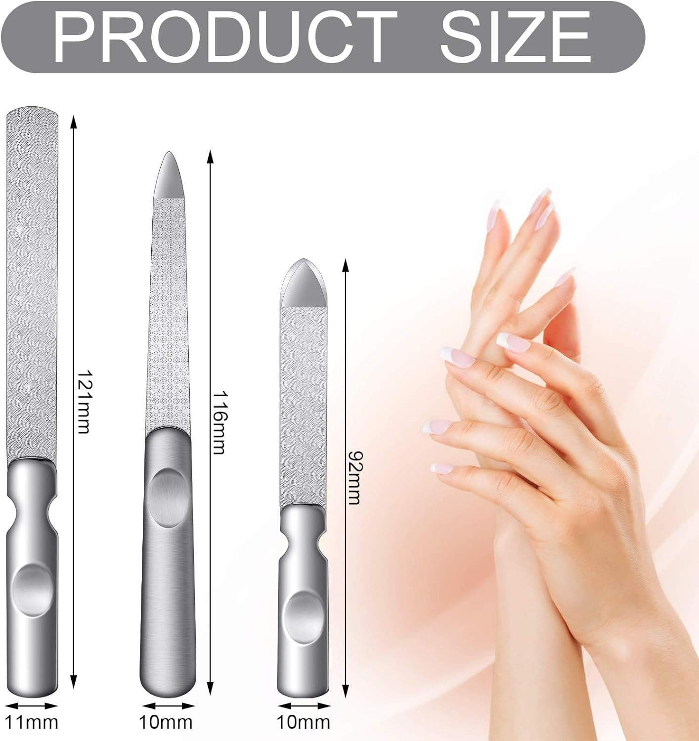 3 Pack Stainless Steel Nail Files with Leather Case, Double Sided Metal Nail Files with Anti-Slip Handle, Metal Nail File Buffer Manicure Pedicure Tools for Fingernail Toenail, Fine and Coarse image number 3