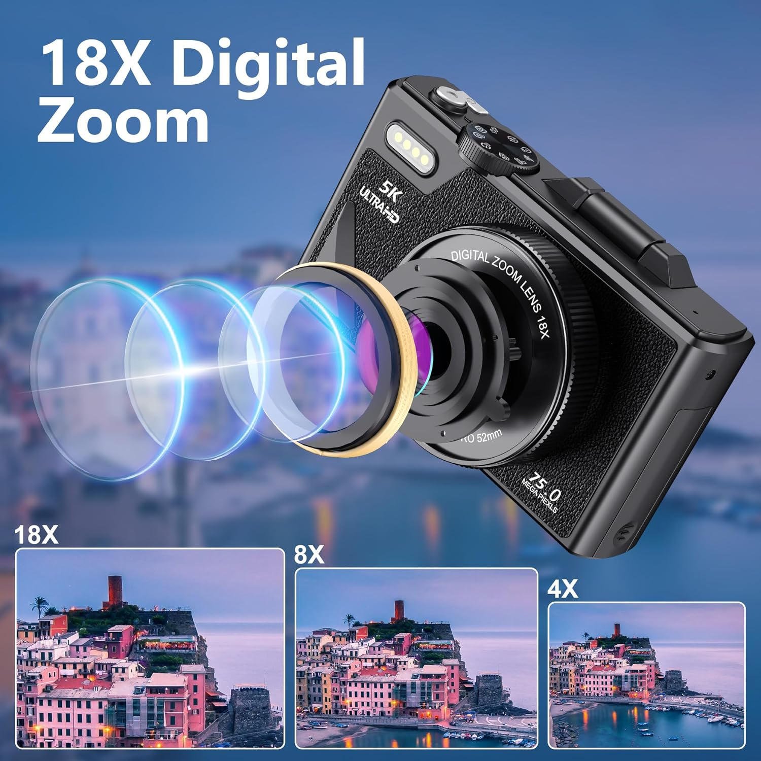 5K Vlogging Camera for Youtube, 75MP Digital Camera for Photography and Video with 3In Flip Screen, 18X Digital Zoom Compact Cameras, Portable Auto Focus 5K Cameras for Teens - 5K Camera Black image number 3
