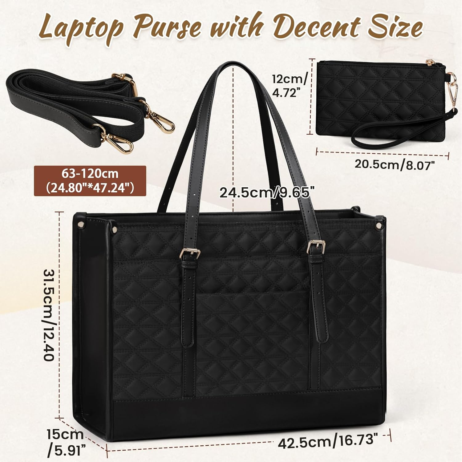 IGOLUMON Laptop Bag for Women 15.6 Inch Vegan PU Leather Work Tote Bag Designer Quilted Womens Briefcase with Clutch Purse image number 2