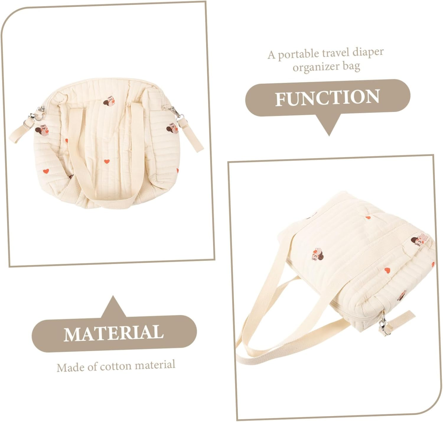 Embroidered Cotton Diaper Tote Bag for Baby Travel Stroller Hanging Diaper Storage Bag Double Straps Medium Size Squirrel Pattern image number 1