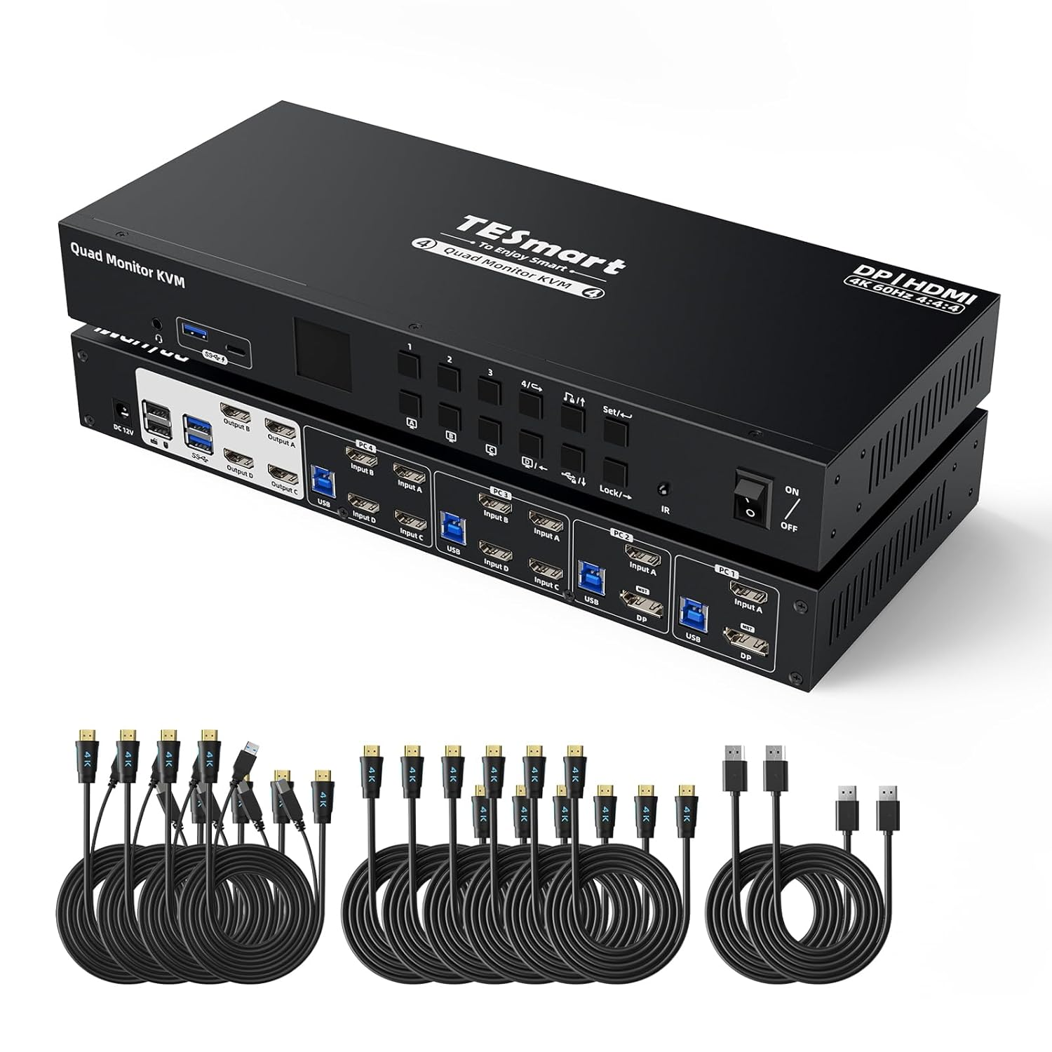 Tesmart KVM Switch 4 Monitors 4 Computers HDMI+DP 4K@60Hz, MST KVM Docking Station for Quad Monitor,Usb 3.0 | Audio&Microphone | EDID Emulators, Hotkey Switch, Rack-Ears, with Input Cables image number 1