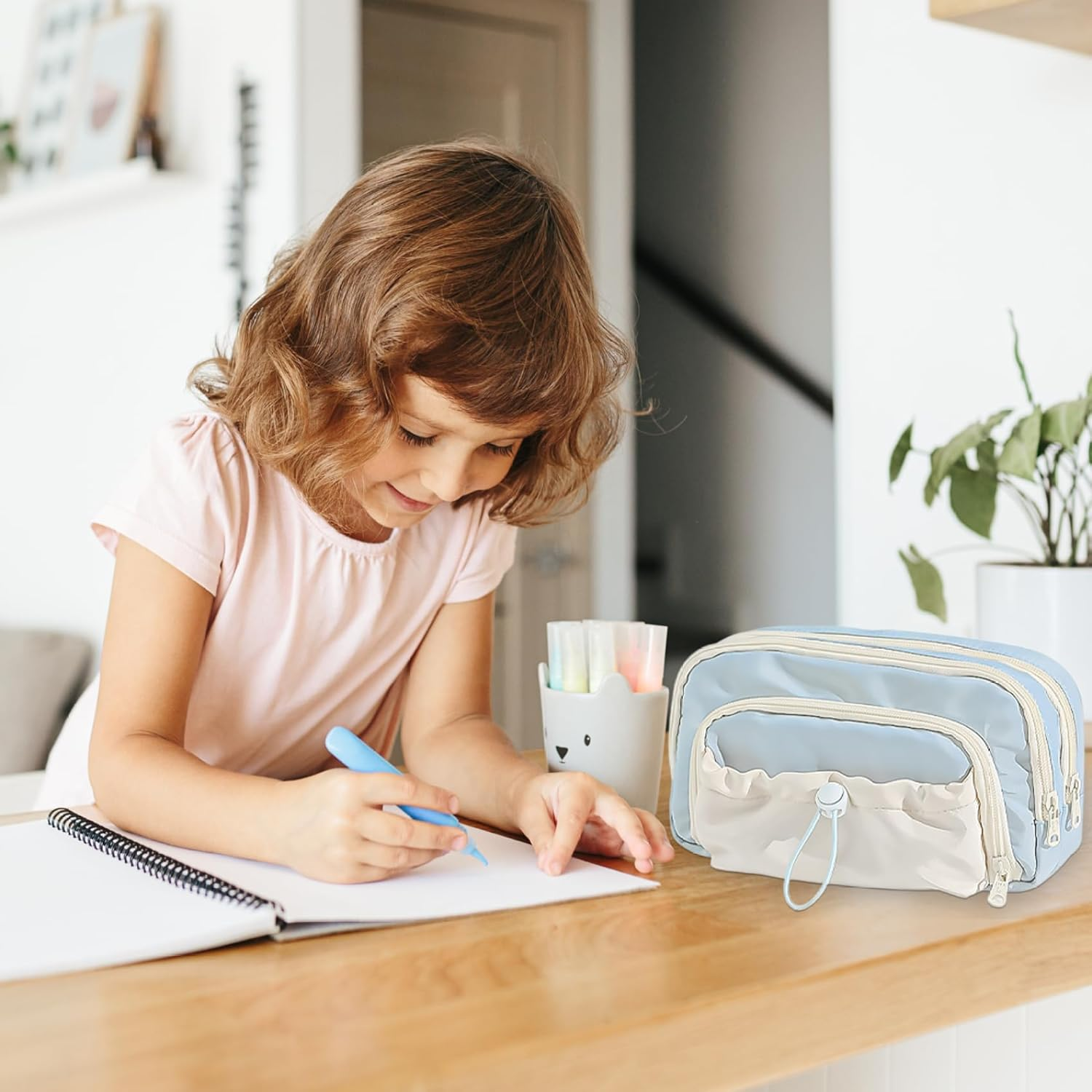 Kawaii Pencil Case, Aesthetic Pencil Case 8.27X5.12X3.94 Large Capacity Pencil Pouch Simply Style Kawaii Pencil Case Blue Pencil Pouch with Zipper Fabric Pencil Bag for Students, Pencil Case