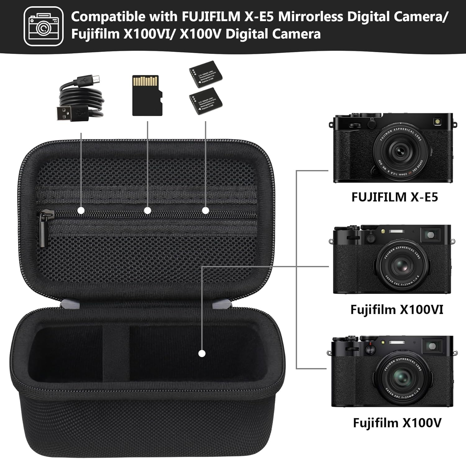 Supmay Hard Travel Case for Fujifilm X-E5 / X100VI / X100V Digital Camera, Digital Camera Storage Case with Mesh Pocket for Batteries, SD Card, USB Cable, Black image number 4