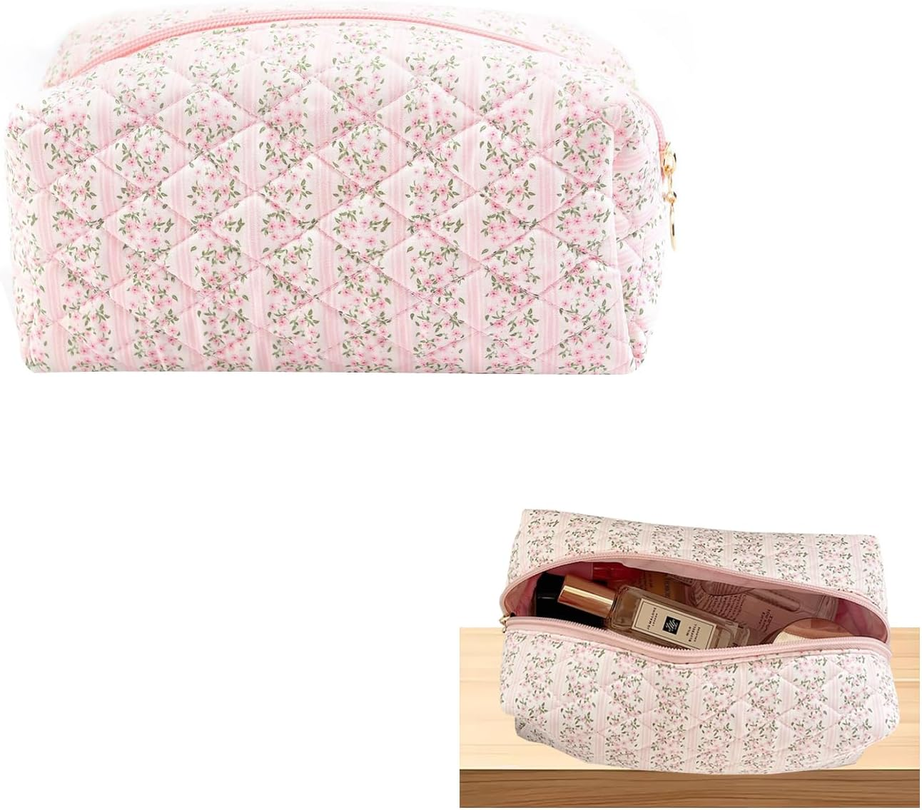 Stylish Quilted Makeup Bag, Large Floral Cosmetic Pouch with Pink Gingham Lining, Toiletry Bag for Women, Travel, and Everyday Use, Mini and Small Makeup Bag for Cosmetics image number 4