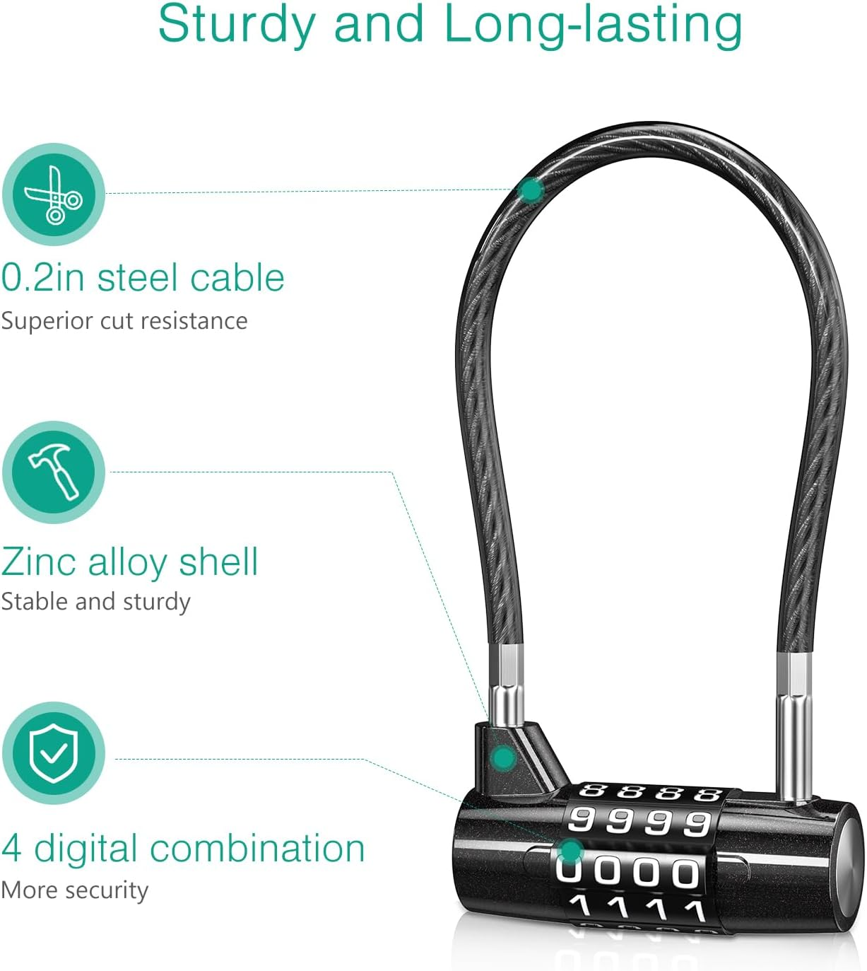 ORIA Combination Padlock, 2Pcs Long Shackle Padlock, 4-Digit Combination Padlock, Waterproof Resettable Cable Lock for Gym, School Locker, Fence, Gate, Toolboxes, Luggage, Bike
