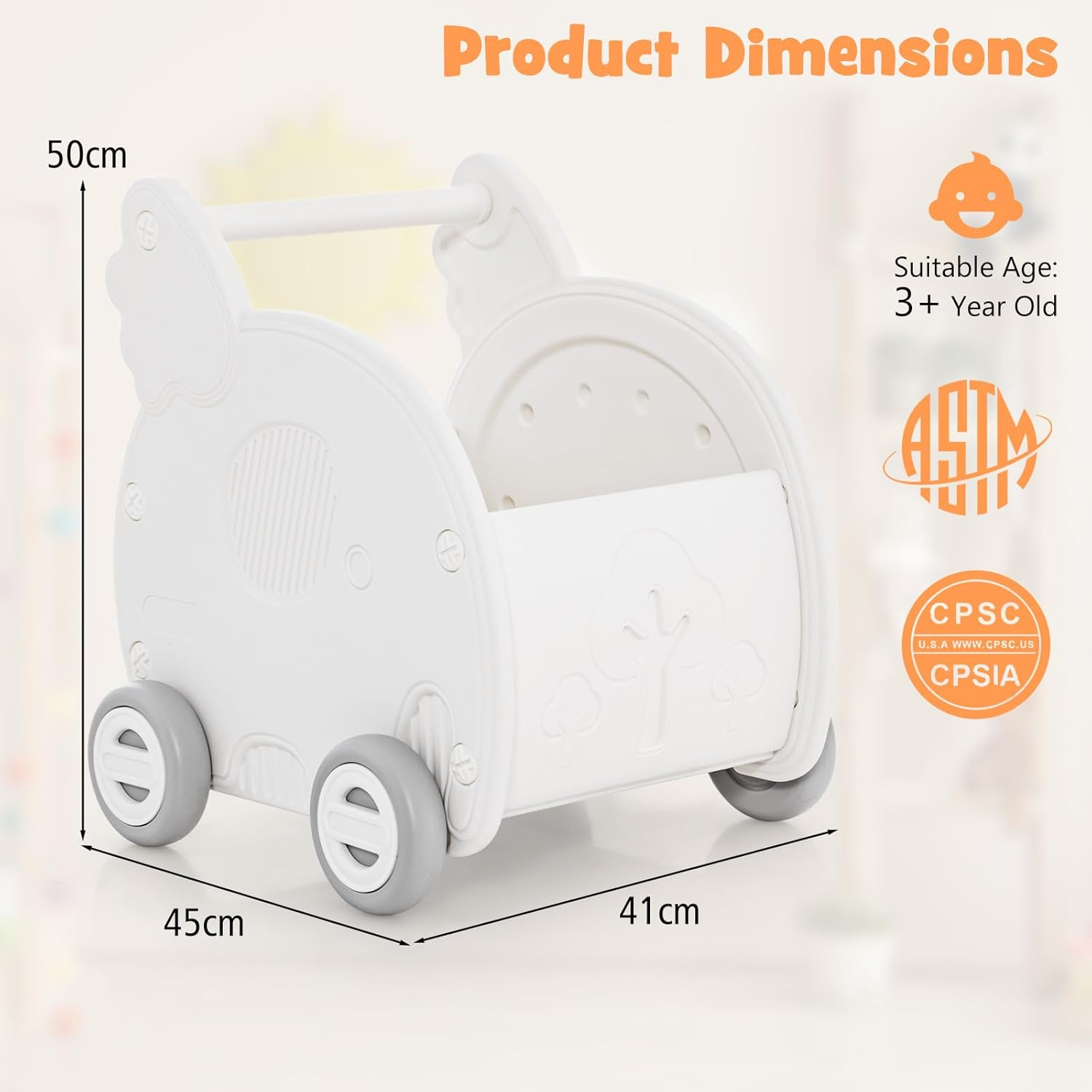 HONEY JOY Baby Walker Push Toy, 4-Wheel Toddler Toy Cart Elephant Shape, Cute HDPE Kids Push Toy W/Wheels & Handle, Baby Push Walker for Boys Girls of 3+ Years Old, White image number 6