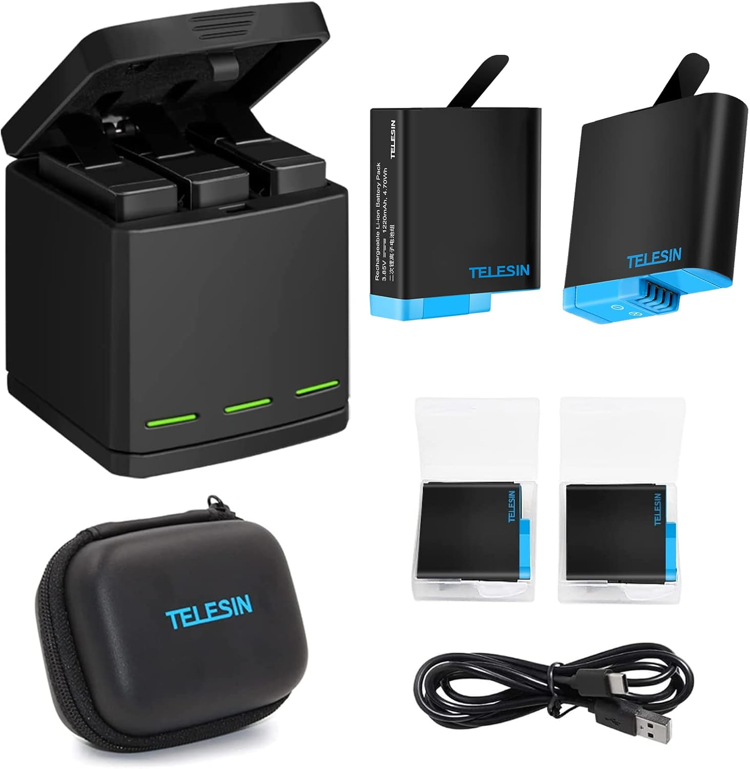 TELESIN 2-Pack Batteries and Triple Charger for Gopro Hero 8 Hero 7 Black Hero 6 Hero 5 Black Hero Camera, with Go Pro Small Carry Case, 2 Battery Case(Fully Compatible with Original) image number 3