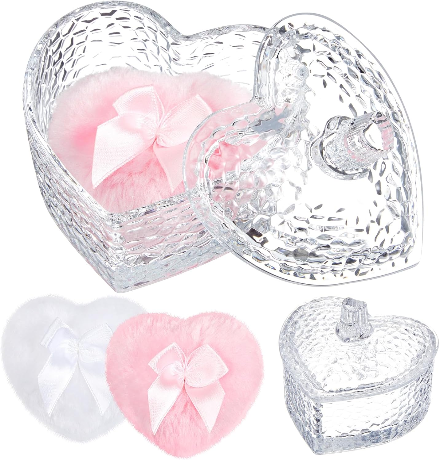 Tioncy 3 Pcs Large Body Powder Puff and Container Valentine'S Day Gift Powder Container with Puff Crystal Case Soft Washable Reusable Velour Face Body Glitter Wet Dry Makeup(Hammered Heart,Clear) image number 1