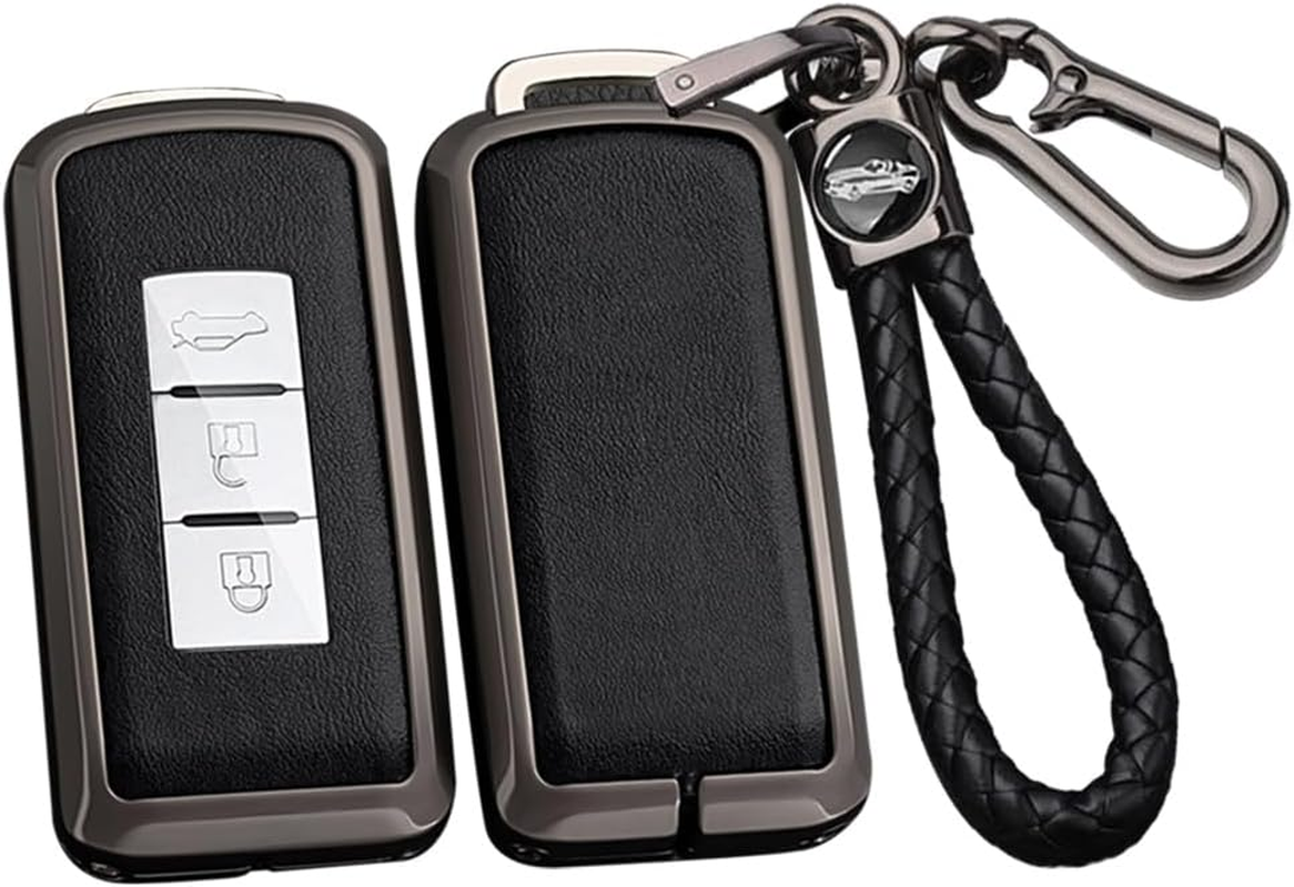 Ontto Alloy Car Key Fob Cover Fit for Mitsubishi L200 ASX Outlander Eclipse Cross Pajero Sport Lancer Xpander Triton Mirage Leather Key Case Shell Key Holder Keyring Keychain Accessories Black-Brown