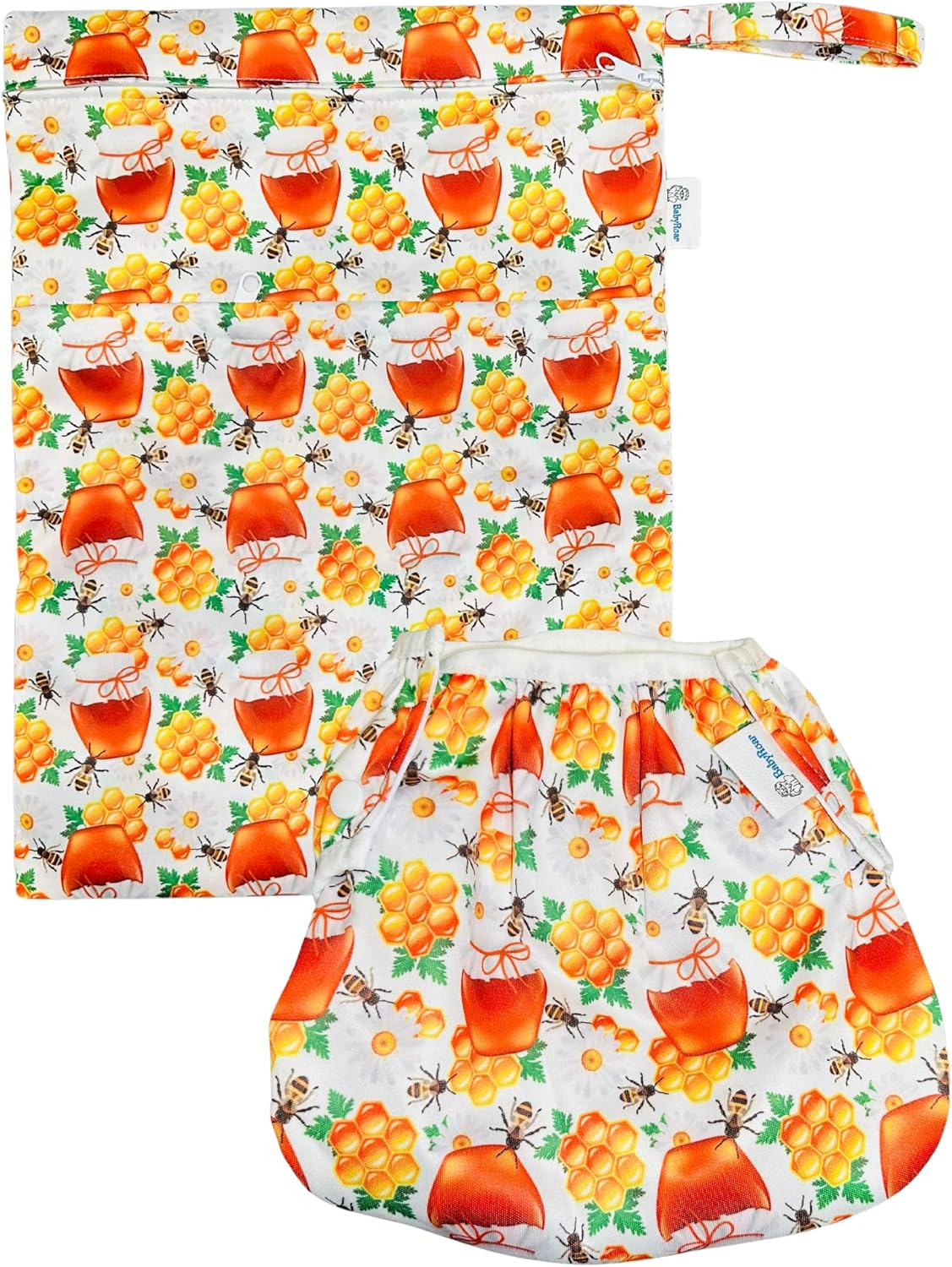 Reusable Swim Nappy for Babies & Toddlers &ndash; Adjustable One Size with Snaps + BONUS Wet & Dry Bag with Double Zipper (Dual Pockets Keep Wet & Dry Items Separate) &ndash; Leak-Proof, Eco-Friendly. Perfect for Water Fun! One Size Fits All! (Honey Bee Delight) - Large