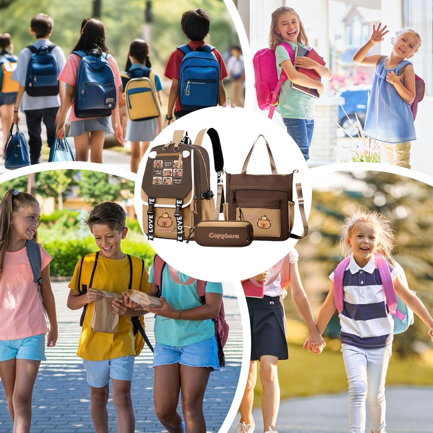 Gupcaqosjw Backpack for Girls,Cute Junior High School Capybara Bookbag - Stylish Children Bookbag with Messenger Bag and Pencil Case for Textbooks Water Cups Stationery Pen Tissue - B image number 2