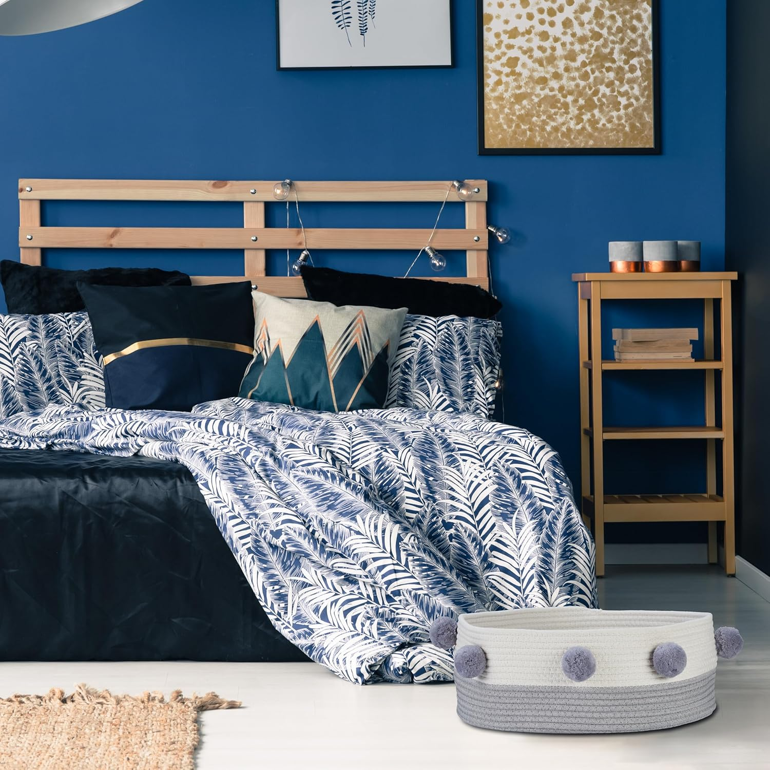 Relaxdays Cat Bed, Cats & Small Dogs, H X D: 16.5 X 41 Cm, Pompoms, Cotton, Braided Cat Basket, Grey/White image number 5