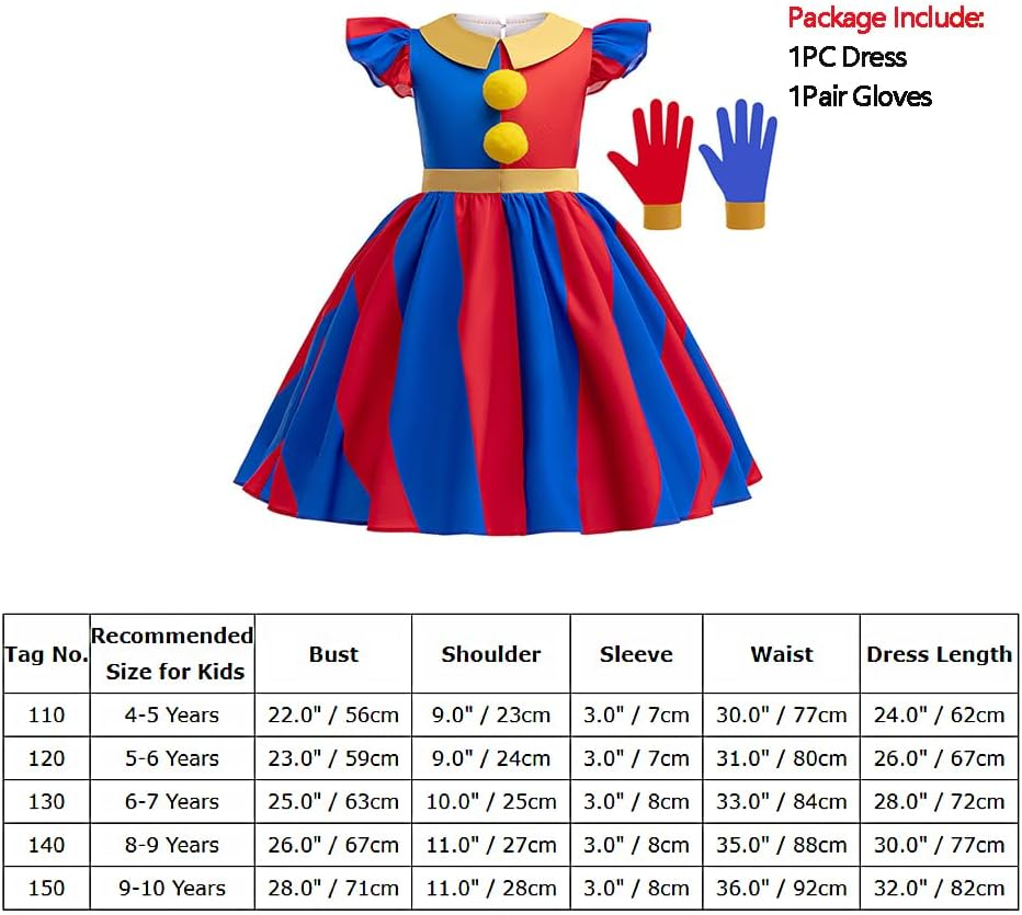 FYMNSI Kids Girls Halloween Costumes Circus Clown Cosplay Dress up Red Blue Striped Dress and Gloves Birthday Party Supplies image number 6