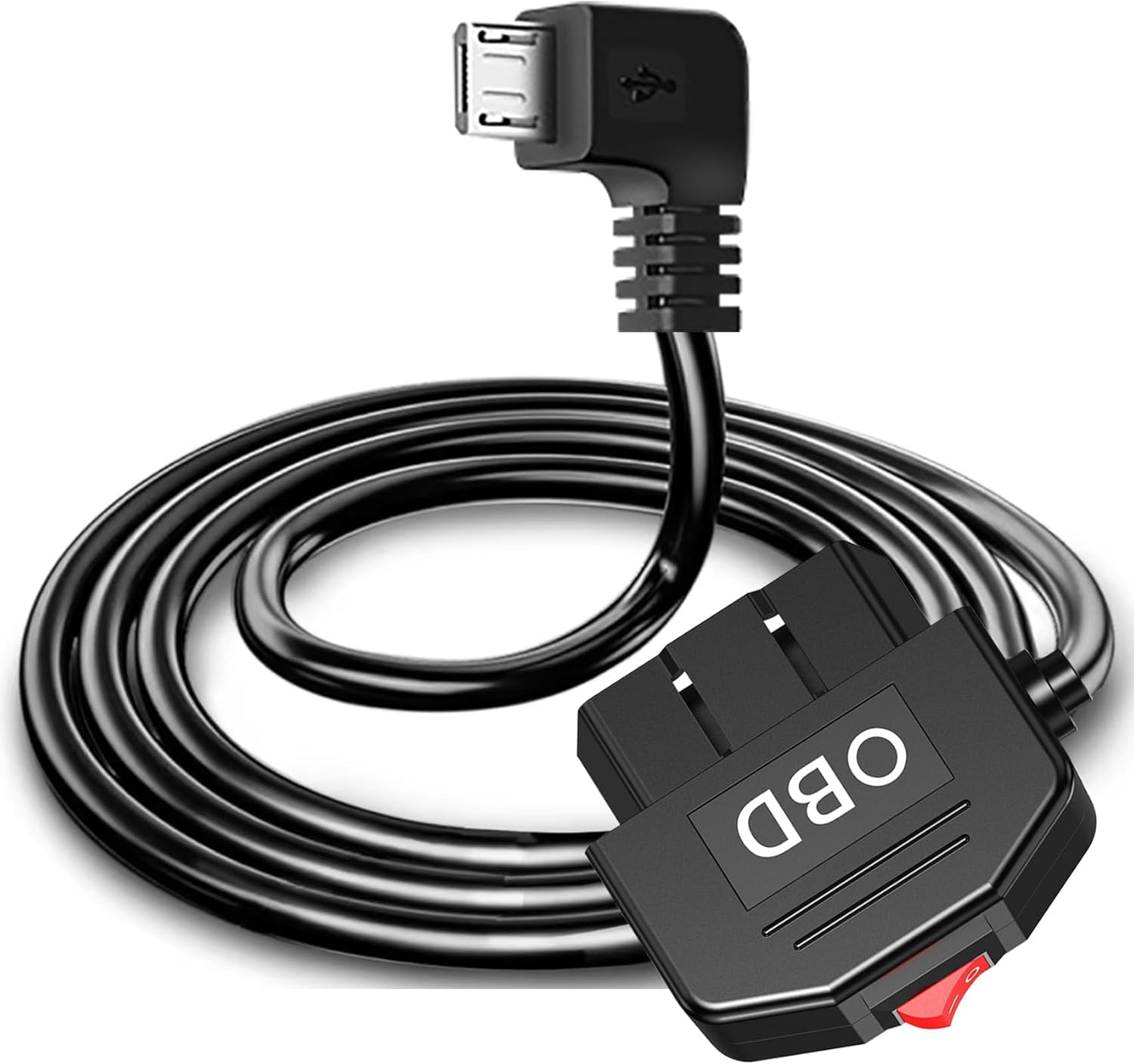 Tunghey Micro USB OBD2 OBD Power Cable for Dash Camera, OBD to Micro USB OBDII Adapter Hardwire Charger Cable 24 Hours Surveillance and Acc Two Mode with Switch Button 3.5M (Right Angle)