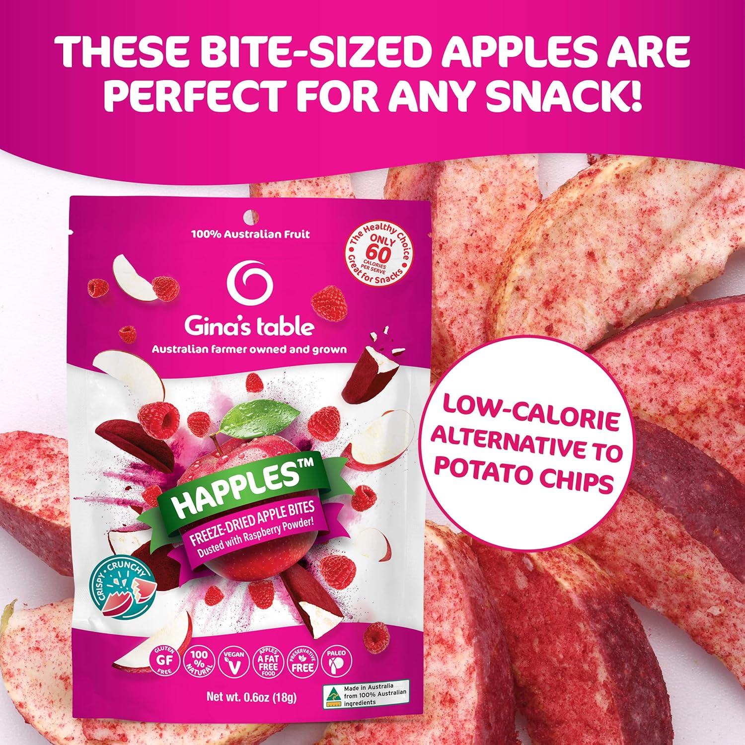 Gina&rsquo;S Table Happles 18G Freeze-Dried Fruit Snack &ndash; Natural Freeze-Dried Fruit &ndash; Apple Crisps &ndash; Healthy Fruit Snacks for Kids &ndash; Low-Calorie Snacks &ndash; Apple & Raspberry (10 Pack)