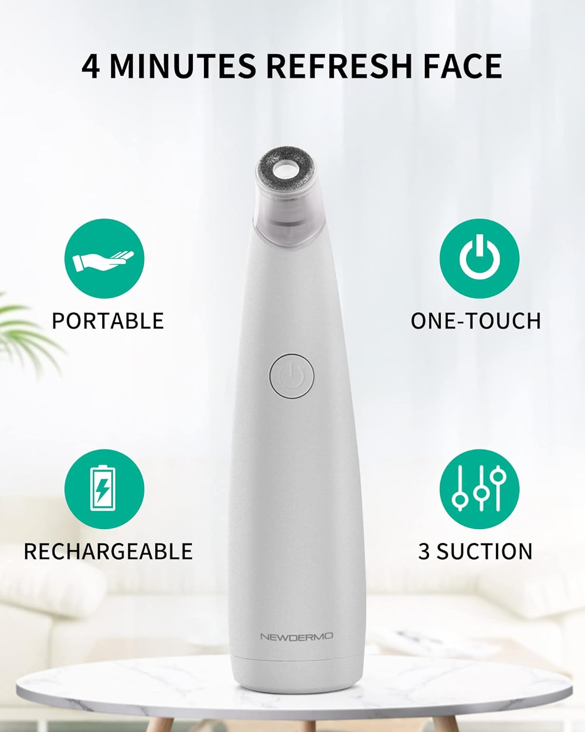 NEWDERMO 2-IN-1 Microdermabrasion Machine & Pore Vacuum Cleaner, 5 Tips & 5 Suction Diamond Microdermabrasion Device USB Rechargeable - Advanced Home Facial Skin Care Treatment Machine(Pure White) image number 2