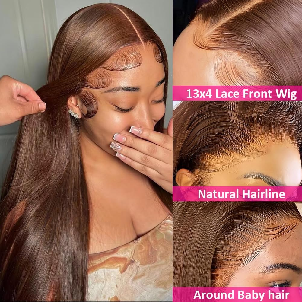Hermosa 13X4 Brown Lace Front Wigs Human Hair with Baby Hair 180 Density Hd Straight Lace Frontal Human Hair Wigs Pre Plucked Hairline 4# Brown Wig 24 Inch image number 3