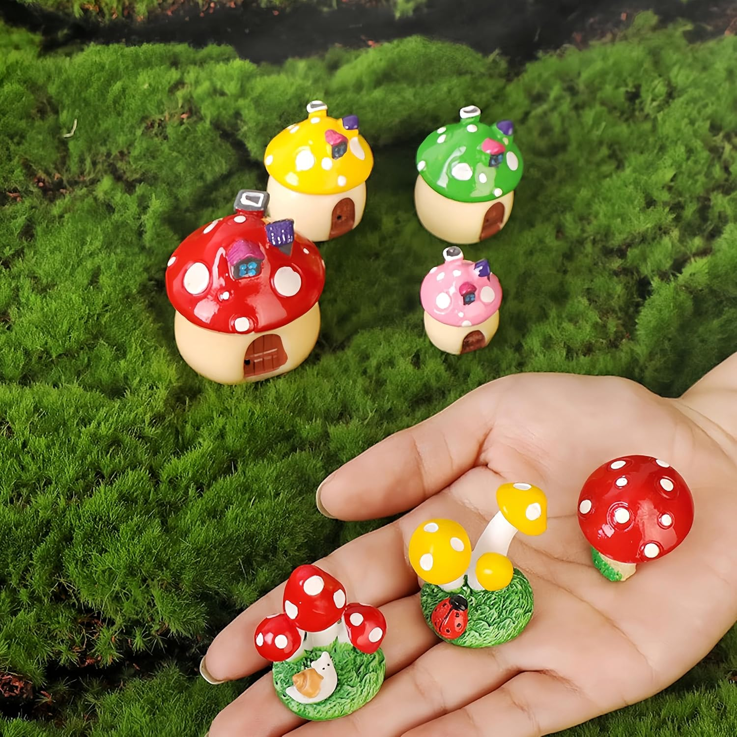 Ourdam 7Pcs Resin Mushrooms Figurine Fairy Garden Ornament, Miniature Mushroom House Decor for DIY Crafts Garden Accessories Outdoor, Cute Tiny Mushroom Figurine Landscape Plant Cake Yard Home Decor image number 1