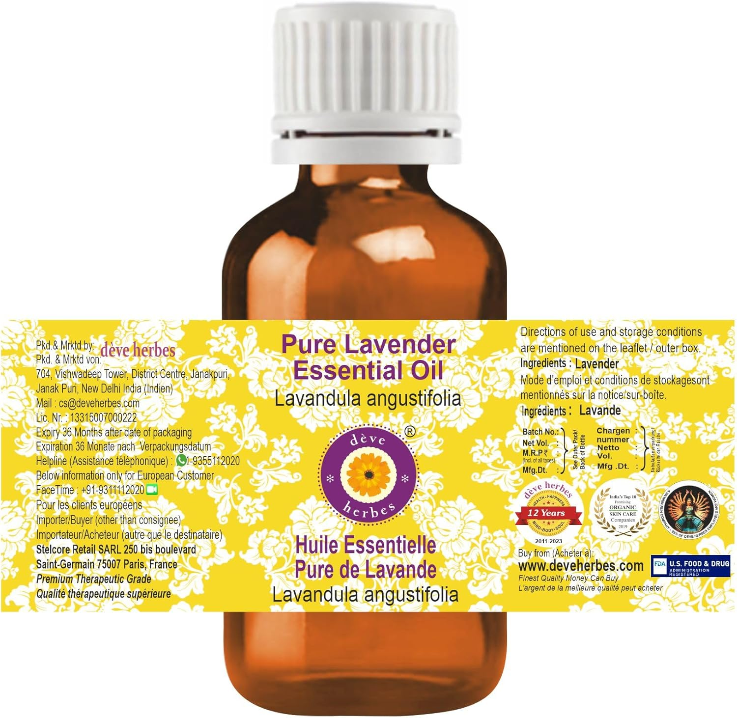 Deve Herbes Pure Lavender Essential Oil (Lavandula Angustifolia) (Made in France) Natural Therapeutic Grade Steam Distilled (Pack of Two) 100Ml X 2 (6.76 Oz) image number 3