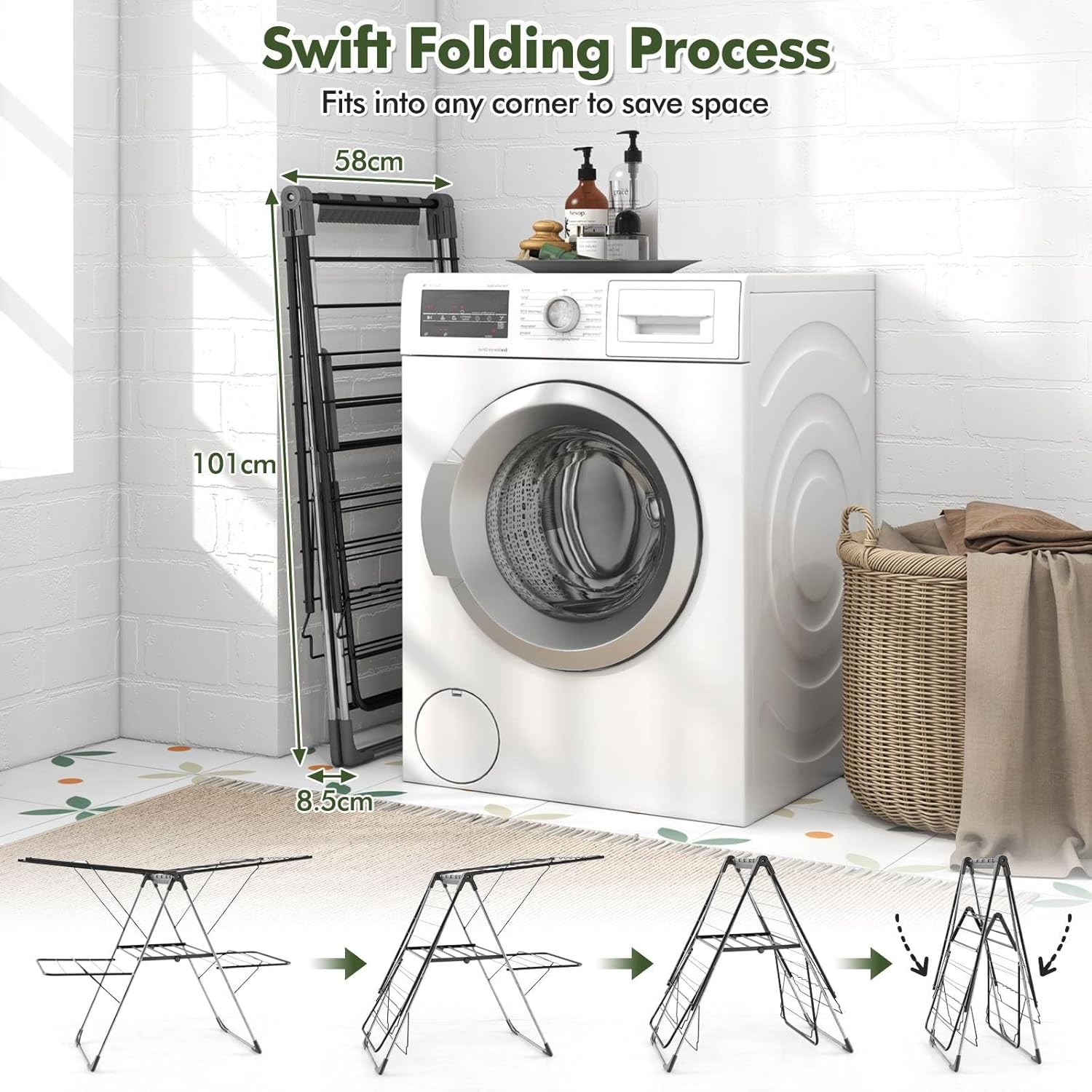 Giantex 2-Tier Clothes Drying Rack, Foldable Clothing Laundry Rack with 33 Drying Rails, Height Adjustable Gullwings, Sock Clips, Wave-Shaped Bars & Stainless Steel Legs, Indoor Outdoor Use image number 1