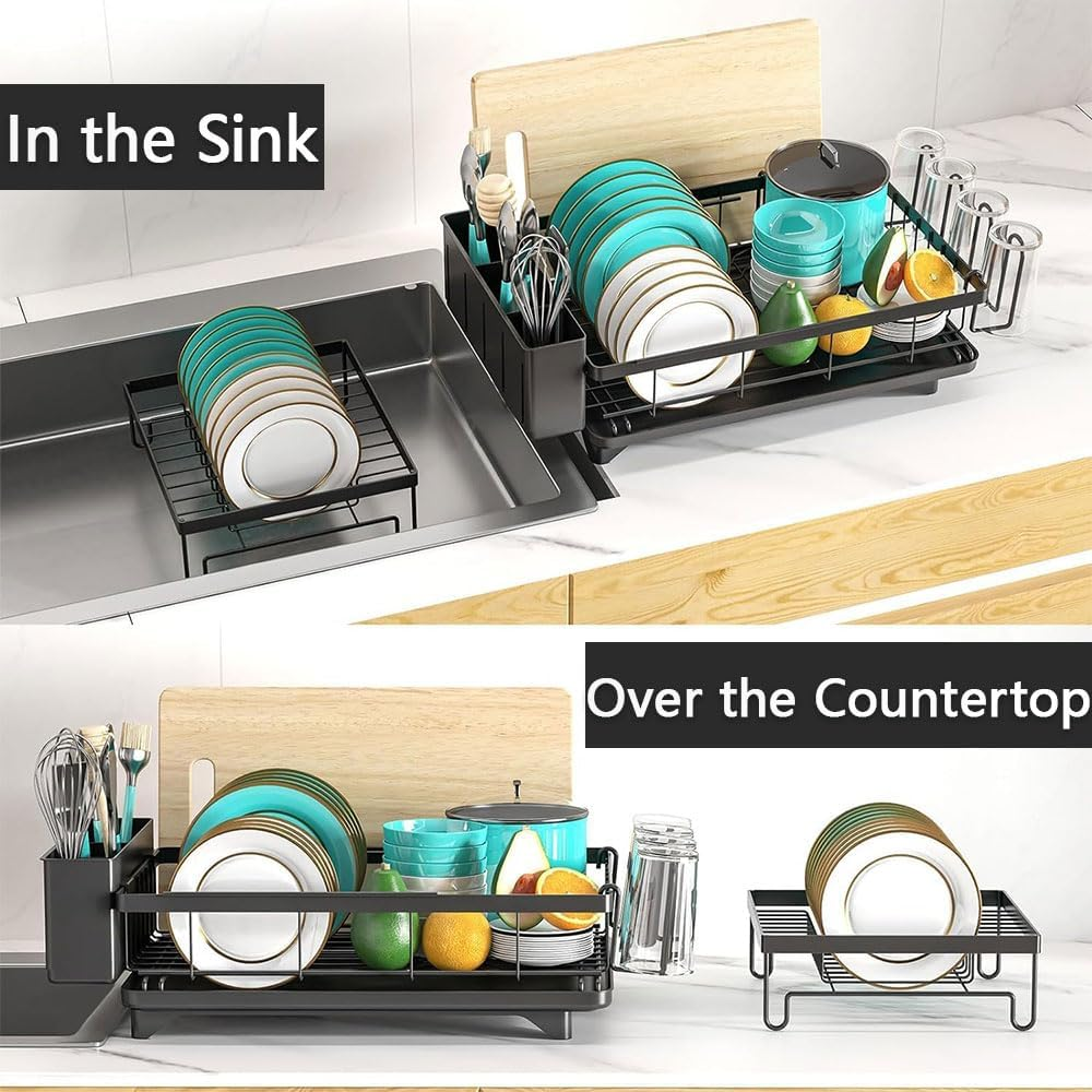 2-Tier Stainless Steel Dish Drying Rack for Kitchen Counter -Detachable Large Dish Drainer Set, Utensil & Cutlery Holder for Kitchen Storage & Organisation (Black) image number 6