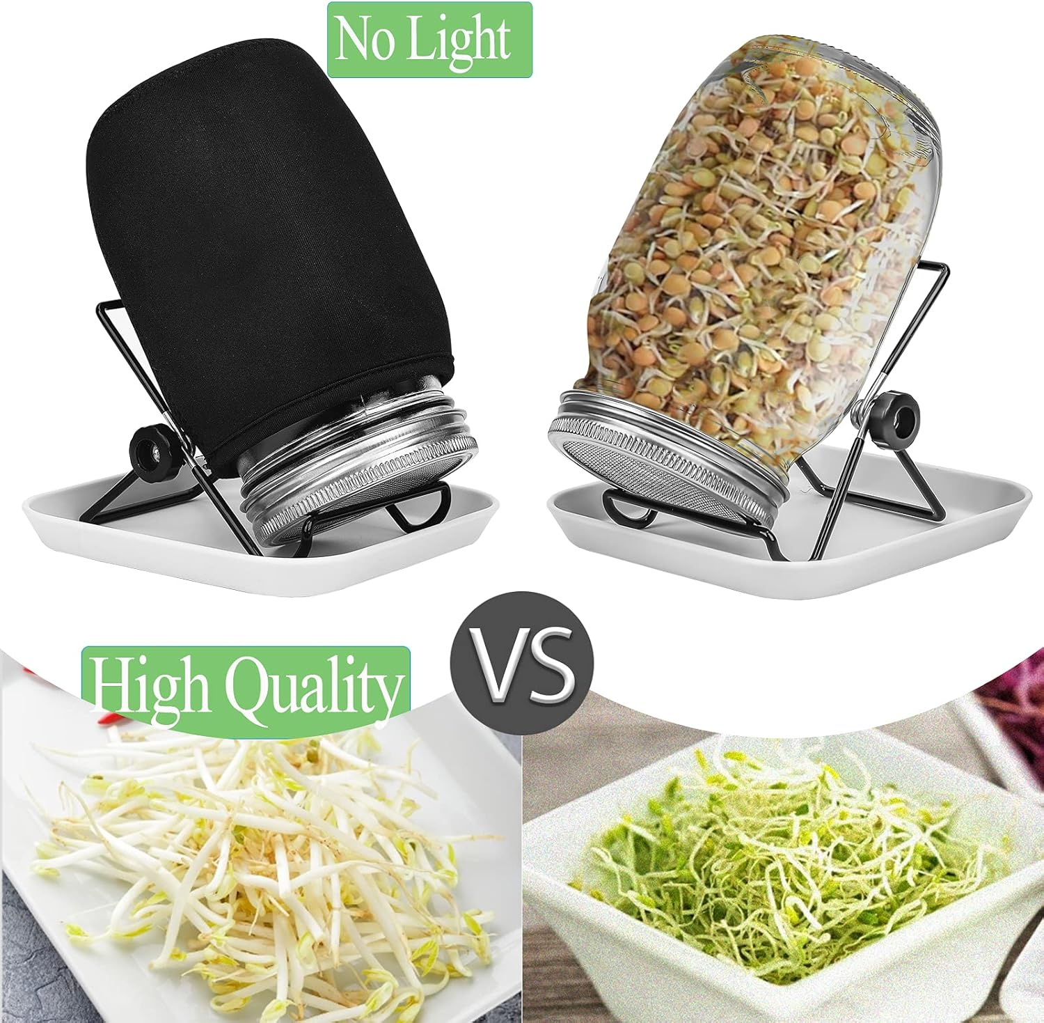 Seed Sprouting Jar Kit, 2Pcs Wide Mouth Quart Mason Jars with 304 Stainless Steel Screen Sprout Lids,86Mm Caliber,1000Ml,With Tray,Stand,Shading Cloth and Canning Brush,For Making Seeds Sprouts image number 5