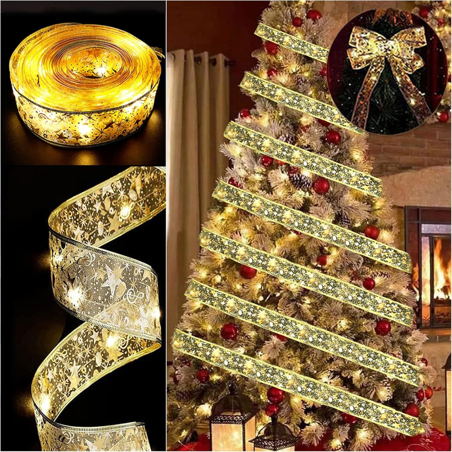 Christmas Tree Ribbon Fairy Lights, 19Ft/6M 60 LED Shining Ribbon String Lights, Waterproof Battery Operated Xmas Tree Lights for New Year Party Decorations Indoor Outdoor Ornaments (Gold 6M)