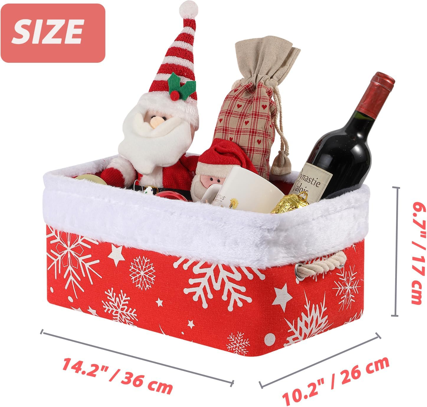 Inough Christmas Ornament Storage Box Holiday Decoration Organizer, Christmas Basket for Kids Large Gifts Baskets Empty with Handles Santa Sack with Drawstring (Medium, Snowflake) image number 4