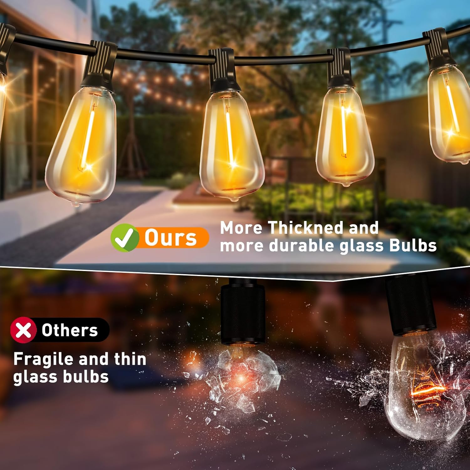 ROSHIN ST38 Solar Festoon Lights Outdoor, 15M(49FT) 15 Bulbs+1 Spare LED String Outdoor Lights, IP45 Waterproof and Shatterproof Fairy Lights for Beach, Garden, Yard, Camping, Party, Wedding image number 2